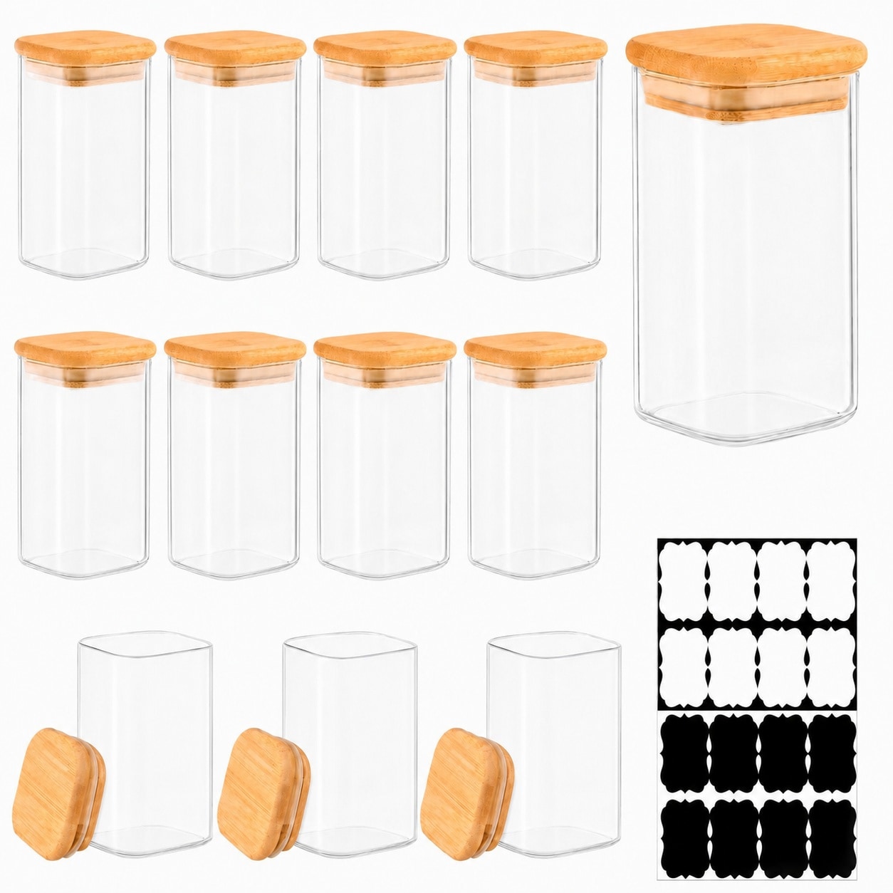 Aoibox  Set of 12 Square 8 oz Clear Glass Spice Jars with Bamboo Lids and Silicone Seals for Kitchen Pantry Storage