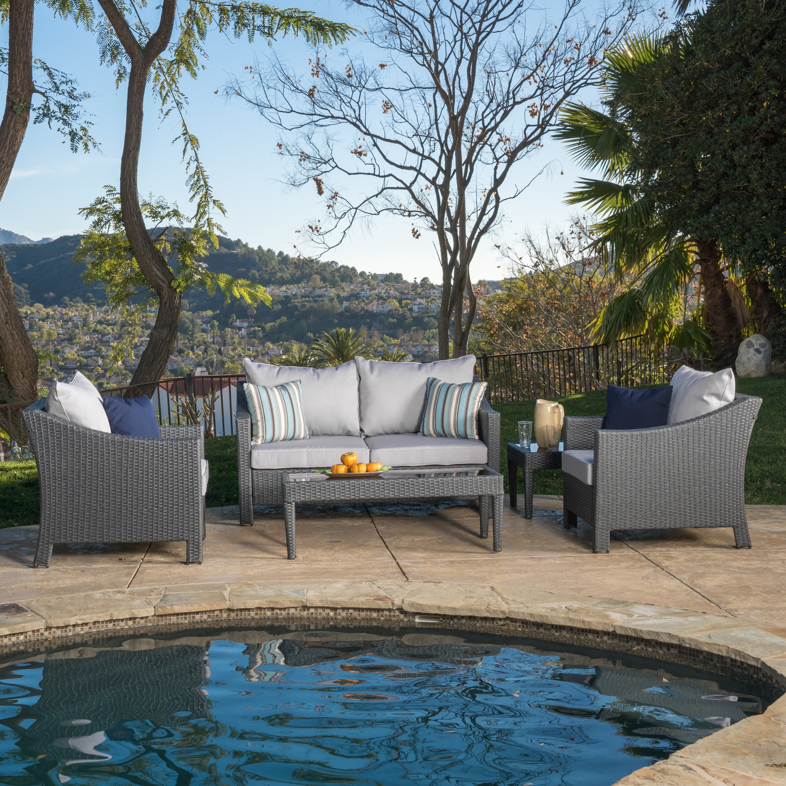 Christopher Knight Home 296066 Outdoor Antibes 5 piece Wicker Chat Set with Cushions-Grey