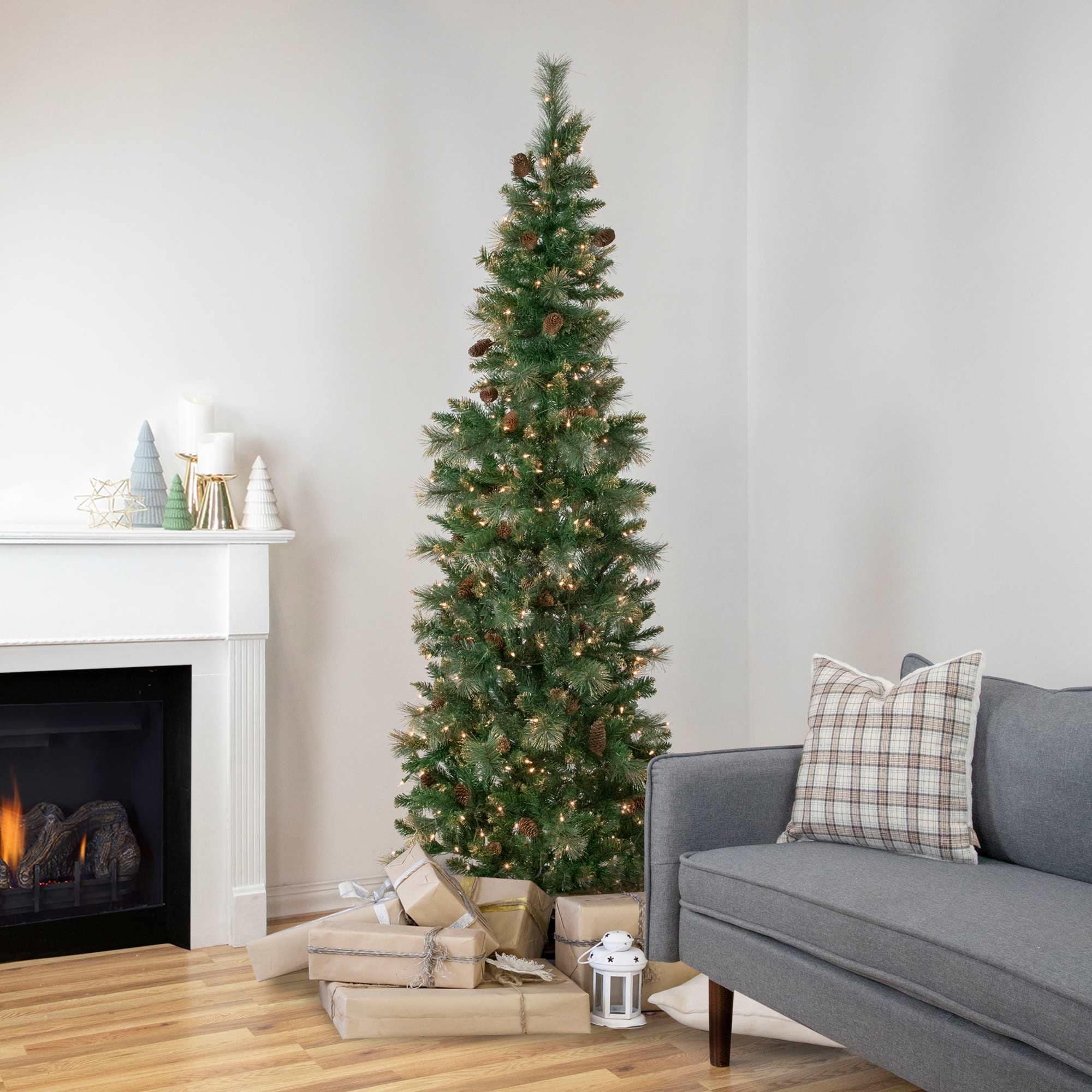 Northlight Pre-Lit Pencil Yorkshire Pine Glittered Artificial Christmas Tree - 7 feet - Clear Lights