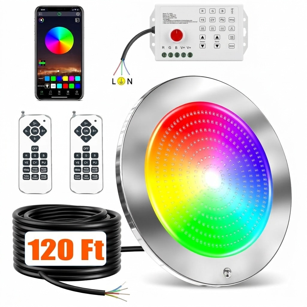 Oyezvary 1 Piece 10 Inch 60W LED Pool Light for Inground Pools 120Ft Cord Color Changing 3 Way Control App Remote Controller 12V Wet Niche #LOZ0430A10