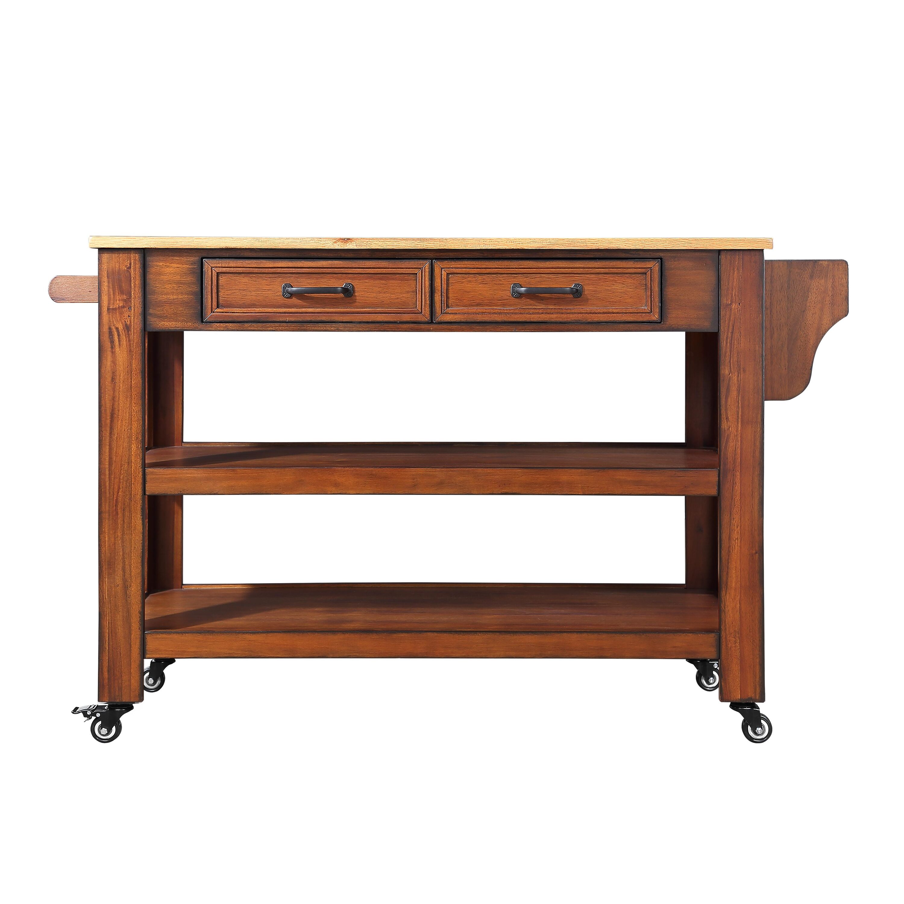 Wood kitchen island cart with drawers viewed from side