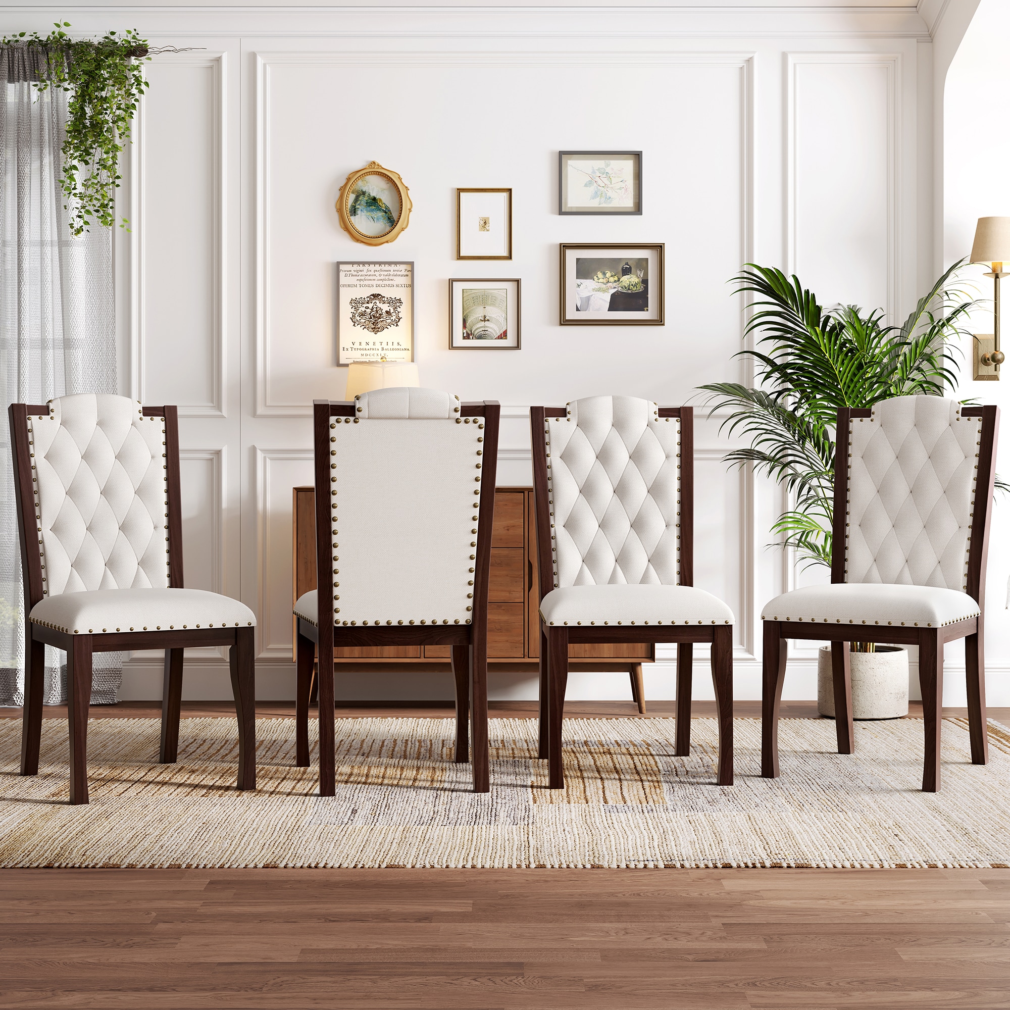 ModernLuxe Upholstered Dining Chairs Set of 4 High Back Diamond Button Tufted Kitchen Chairs with Solid Wood Legs and Nailhead Trims for Dining Room Living Room Restaurant Biege  Espresso