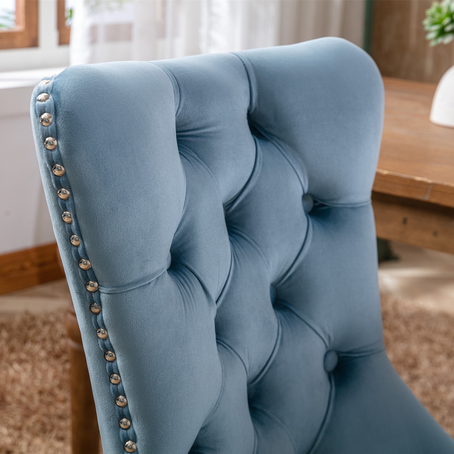 Blue tufted best sale dining room chairs