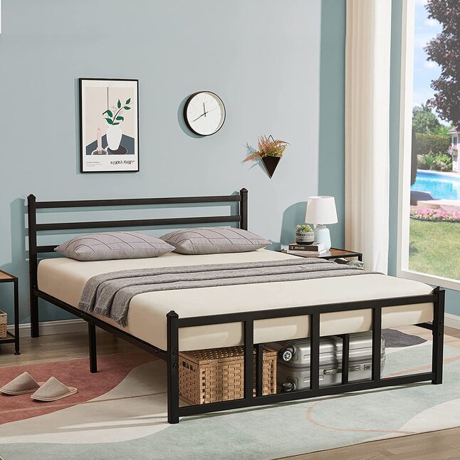 Clihome Full Size Black Frame Metal Bed, Tall Metal Twin Bed Frame With Storage