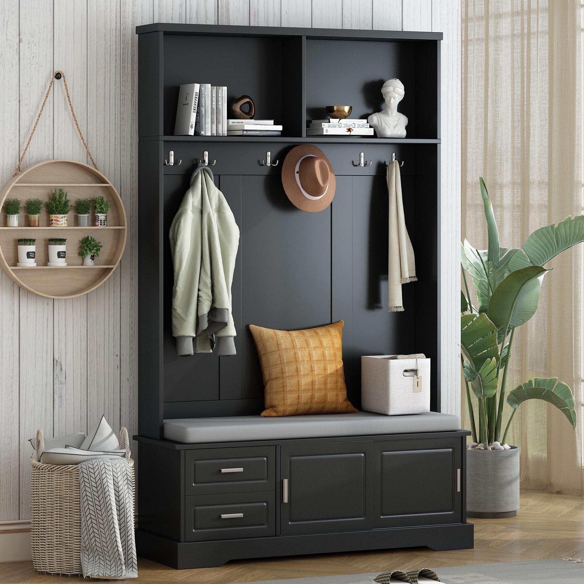 ModernLuxe N721P205787B Elegant Hall Tree with Sliding DoorsVersatile Coat Rack with 6 Silvery Hooks and HandlesMudroom Bench Cabinet with Shoe StorageCushion for HallwayLiving RoomBlack