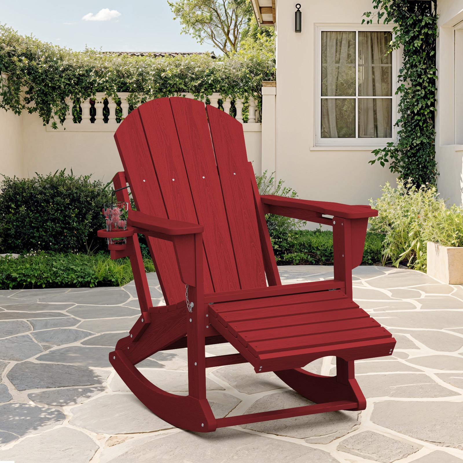 JEAREY PEDGJYY-DR Adirondack Rocking Chair with Ottoman and Cup Holder Stackable Red HDPE Frame Adirondack Chair with Slat Seat