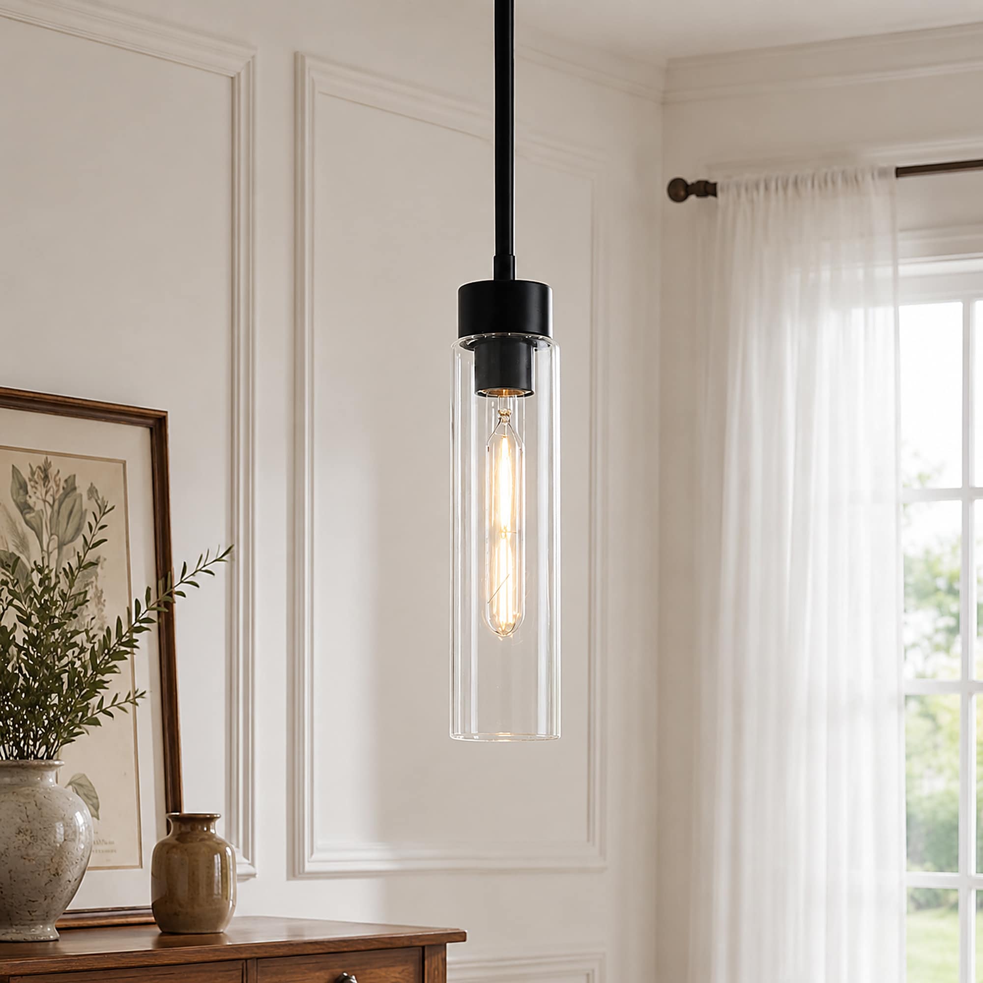 LNC Aveline 1 -Light Matte Black Modern/contemporary Clear glass Cylinder Mini Hanging Pendant Light