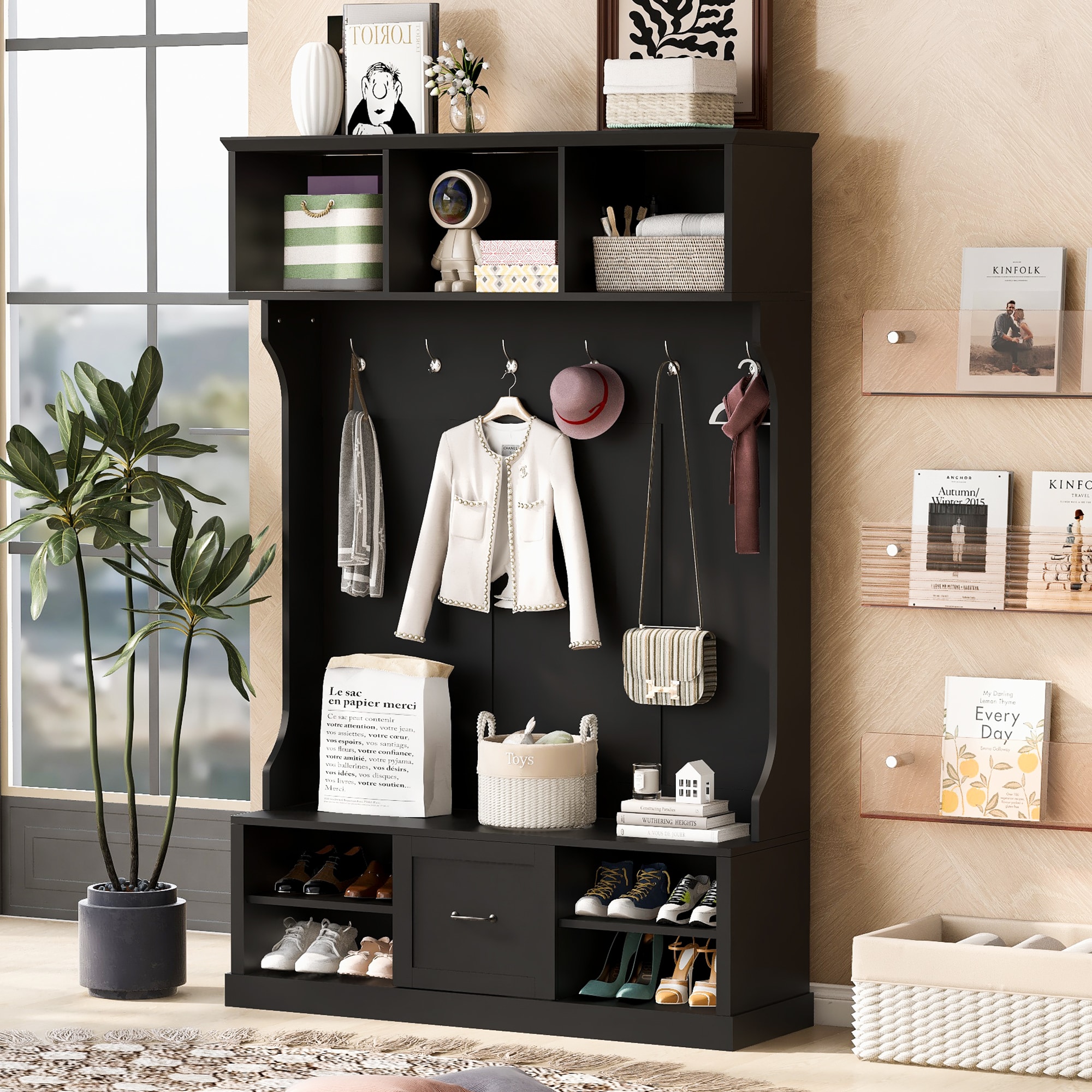 ModernLuxe L3P-N724P264673B 57inch Hall Tree with 6 Hooks Coat Hanger Entryway Bench 3in1 Design A Spacious Drawer for EntranceLiving Room
