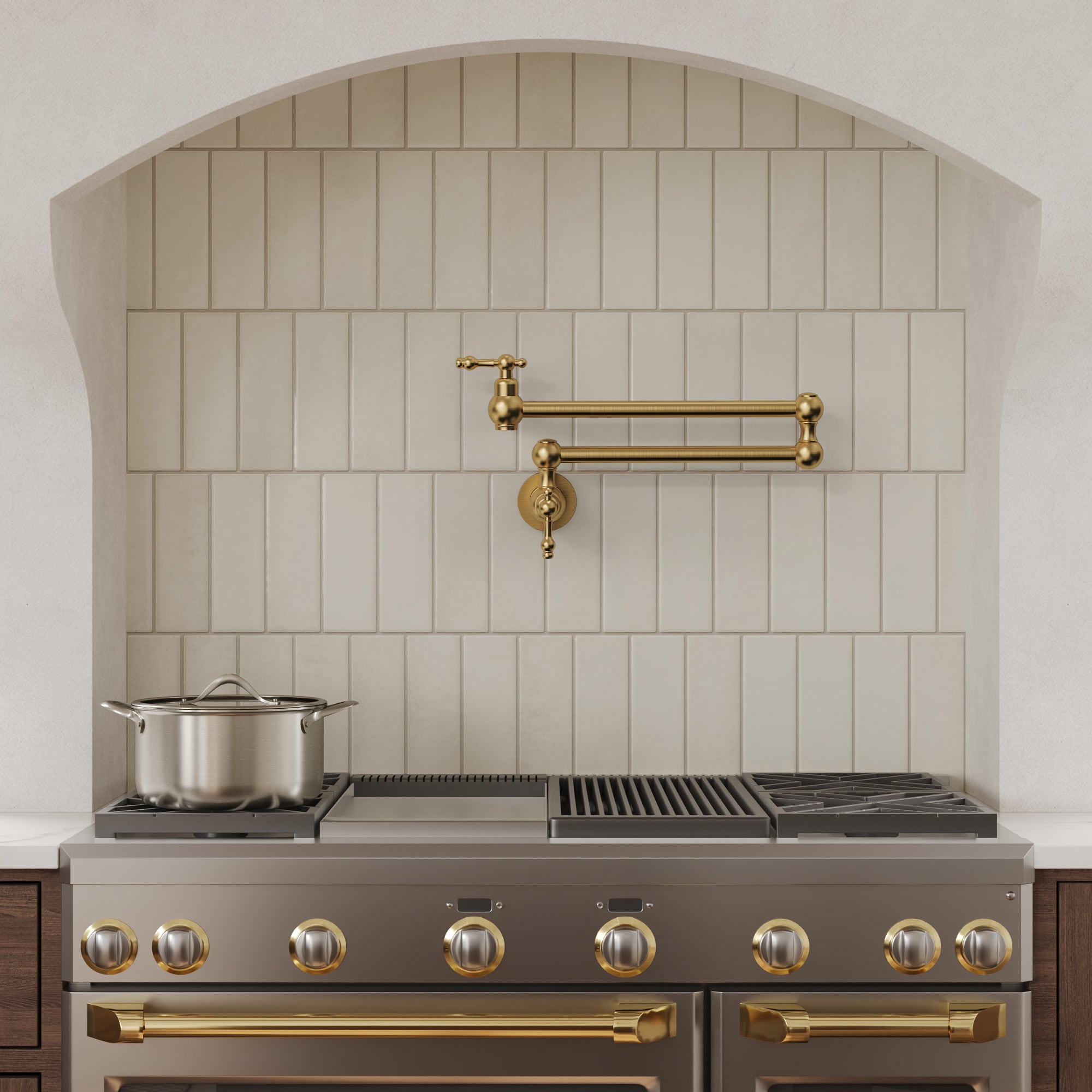 GRANDJOY 24 in. Brass Body Wall-Mount Double-Handle Pot Filler Faucet Dual Swing Arms Brushed Gold