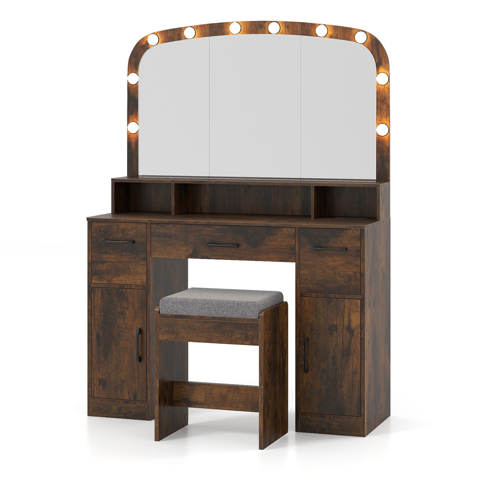 Slickblue Rustic Brown/White Makeup Vanity with LED Lights and Charging Station for Bedroom or Dressing Room