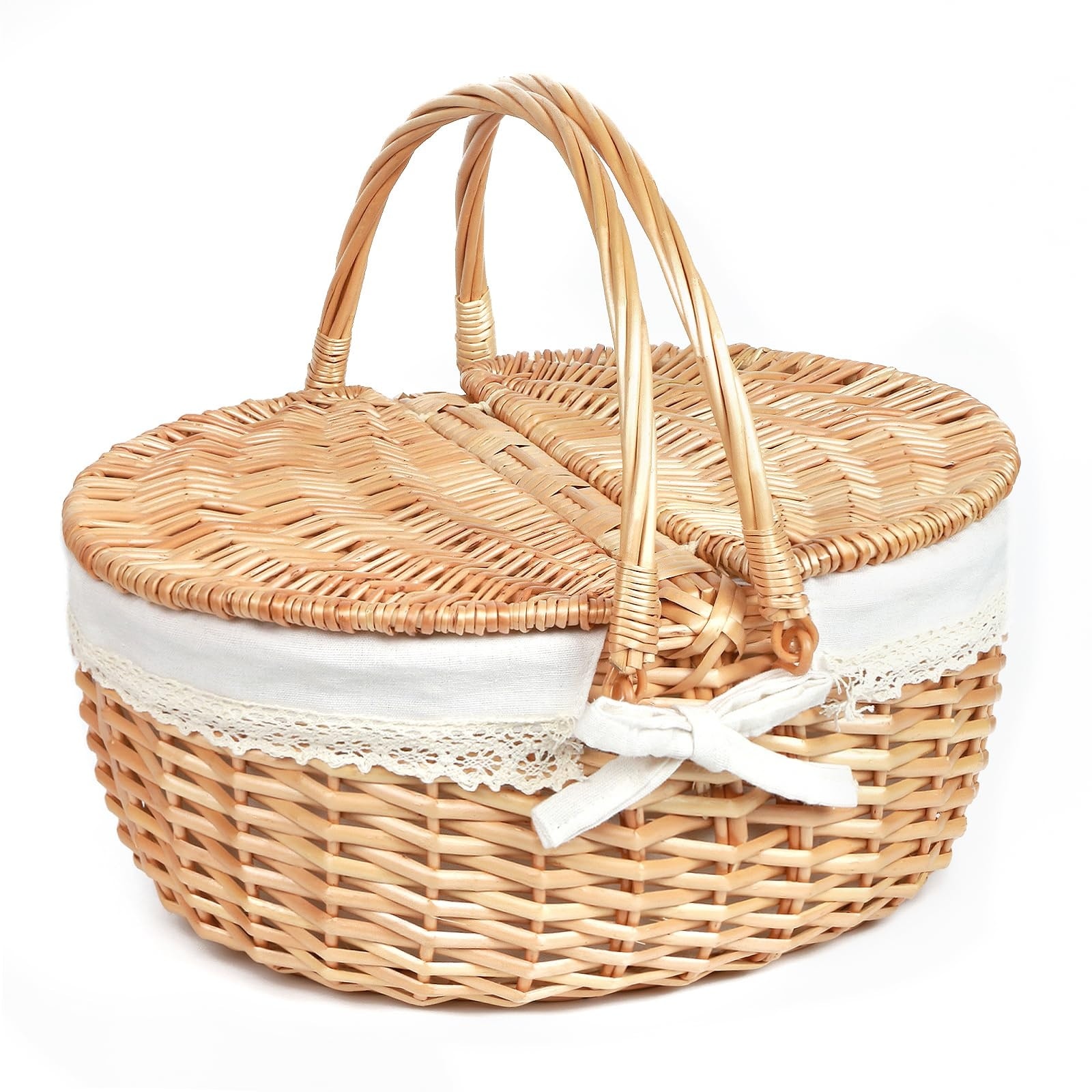 Etokfoks 2 Piece White Wicker Picnic Basket Set with Lid and Dual Handles Handwoven Lightweight Fabric Lined Lace Trim #LETBOAI9Q