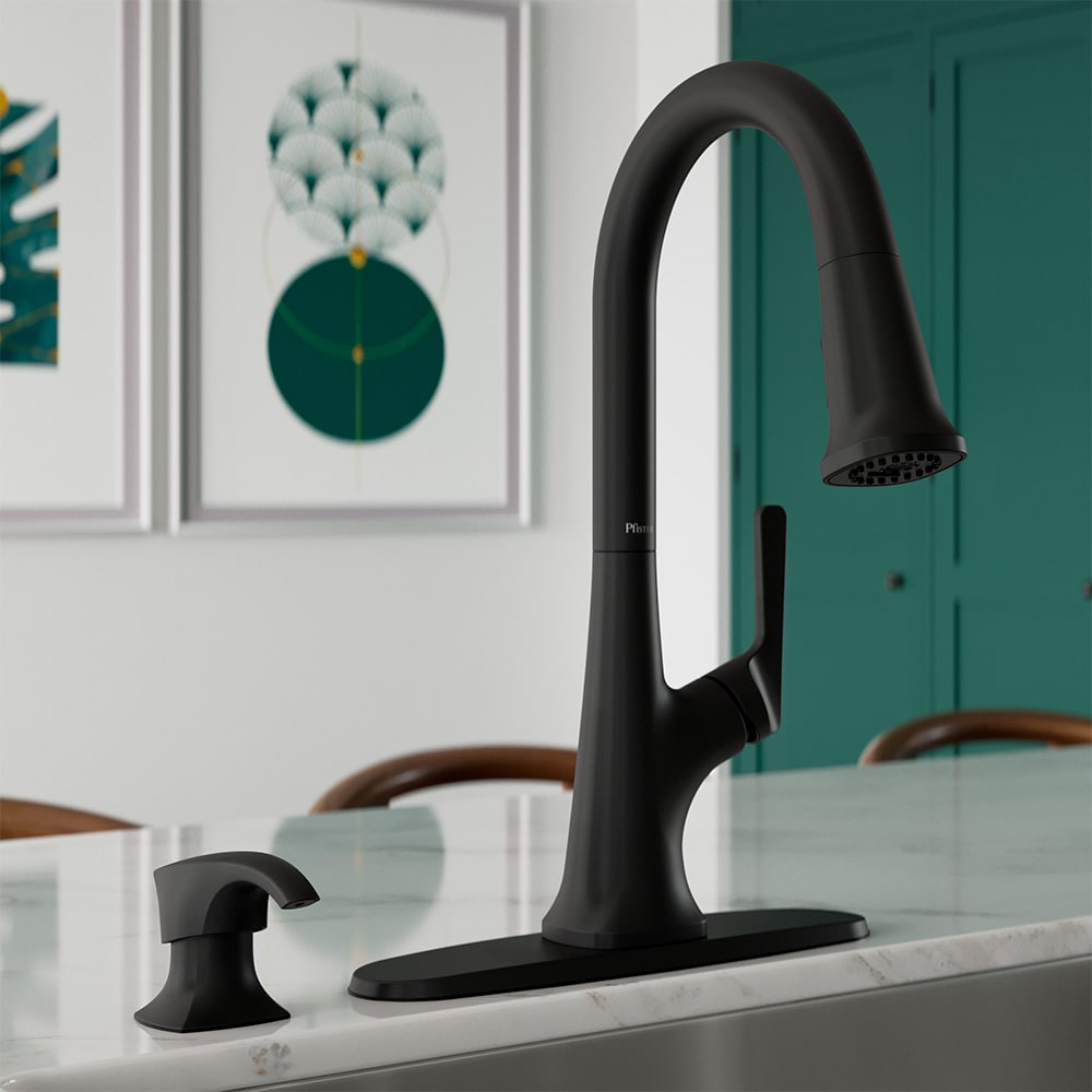 Pfister F-529-7RGSDB Ridgeline Spot Defense Matte Black Single Handle Deck-mount Pull-down Kitchen Faucet with Sprayer ( Deck Plate Included ) (Soap Dispenser Included)