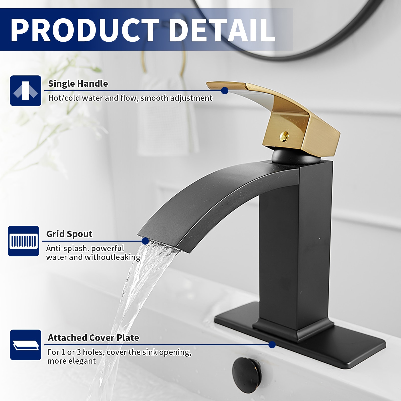 Gold and Black Waterfall Single Handle Bathroom Faucet