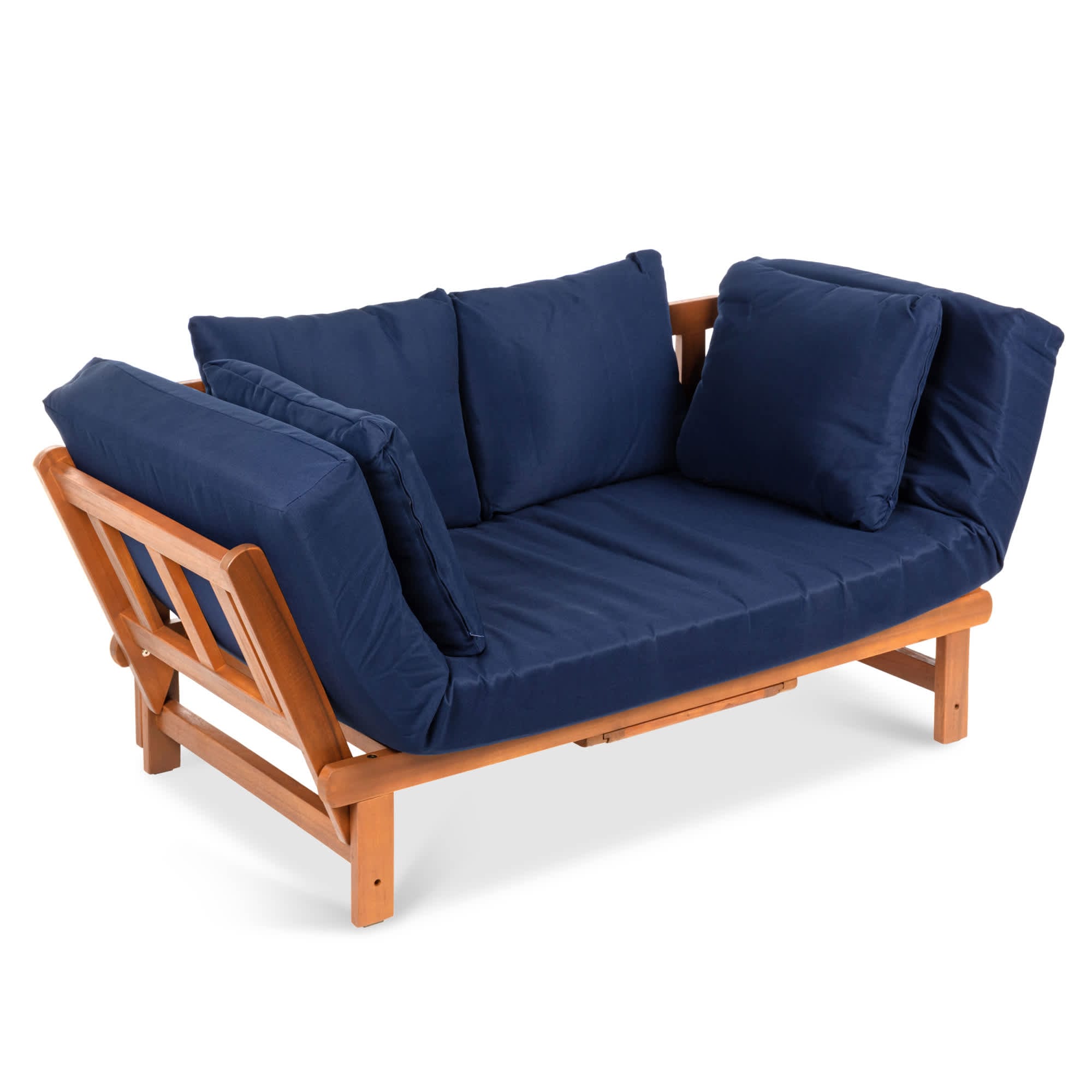 Best Choice Products SKY5656  Outdoor Convertible Acacia Wood Futon Sofa w/ Pullout Tray 4 Pillows All-Weather Cushion - Navy