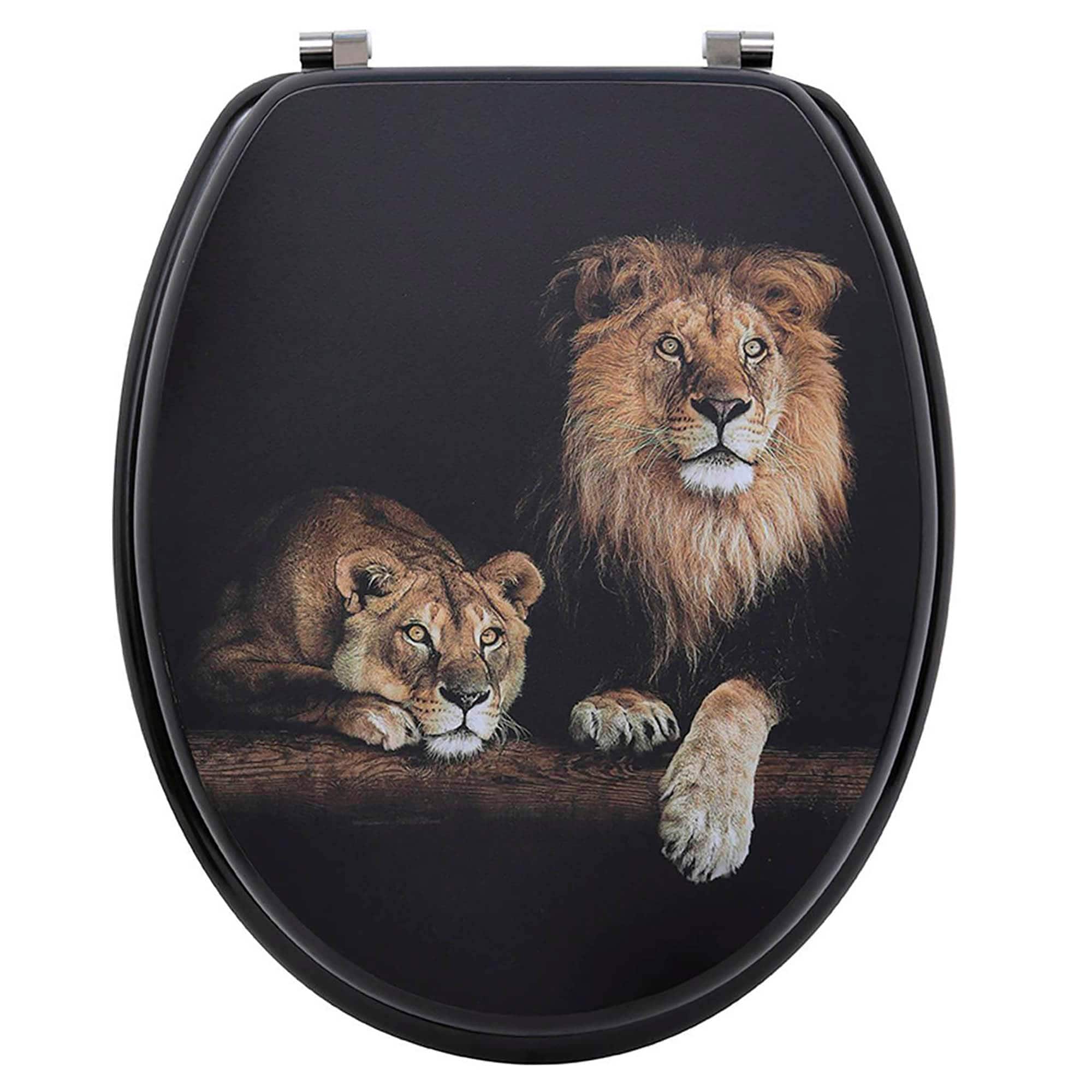 EVIDECO FRENCH HOME GOODS 17.5-in Black Elongated Toilet Seat With Lion And Lioness Print