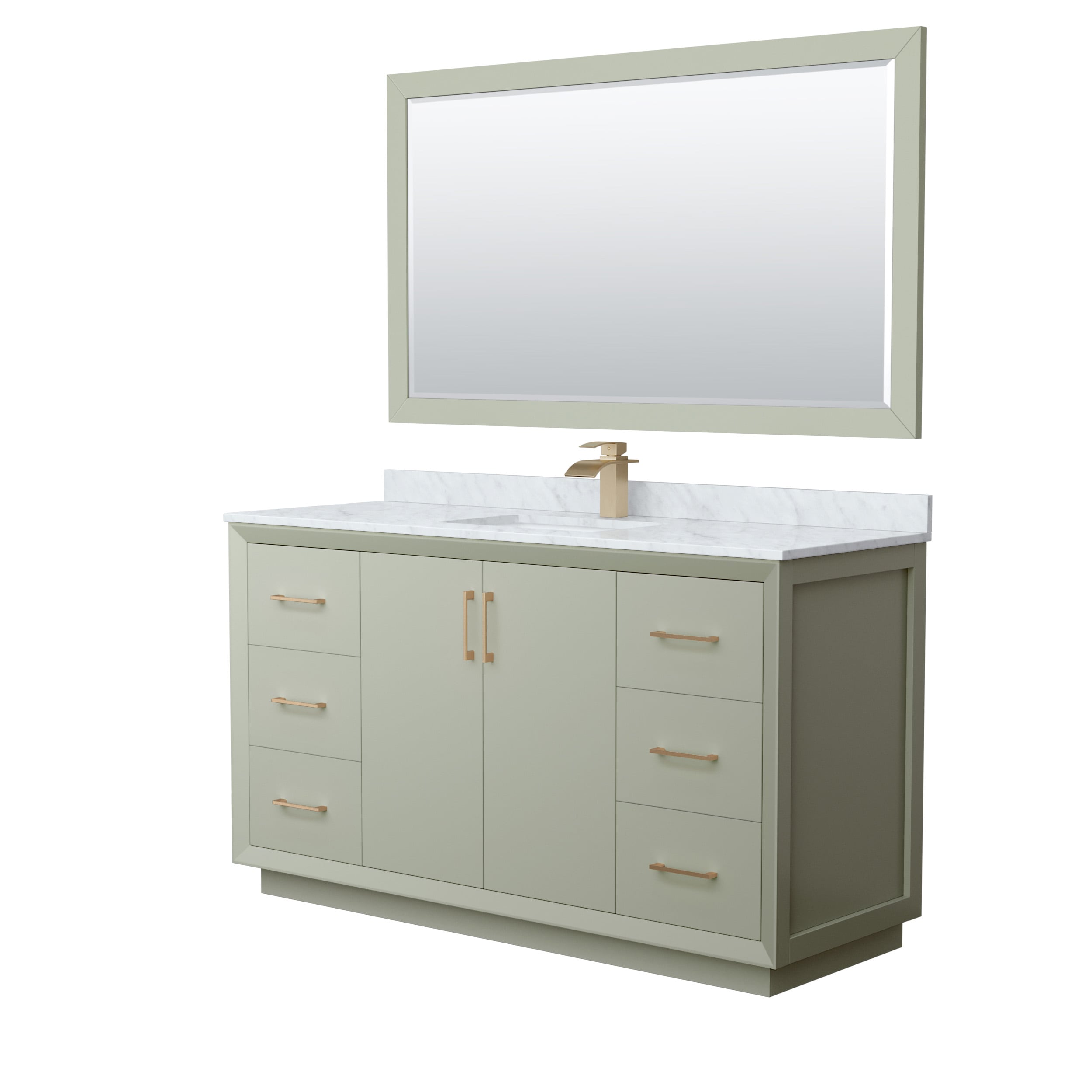 Wyndham Collection WCF414160SLZCMUNSM58 Strada 60-in Light Green with Satin Bronze Trim Undermount Single sink Bathroom Vanity with White Carrara marble Natural marble Top (Mirror Included)