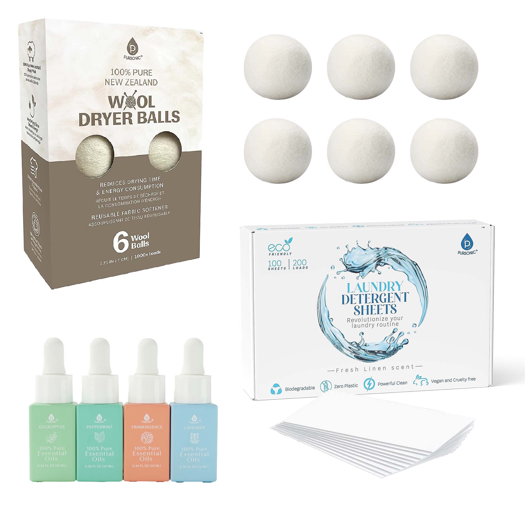Pursonic LDS100-WDB6-AO4DLX Eco Friendly Laundry  Wellness Bundle  Detergent Sheets Wool Dryer Balls and Essential Oils