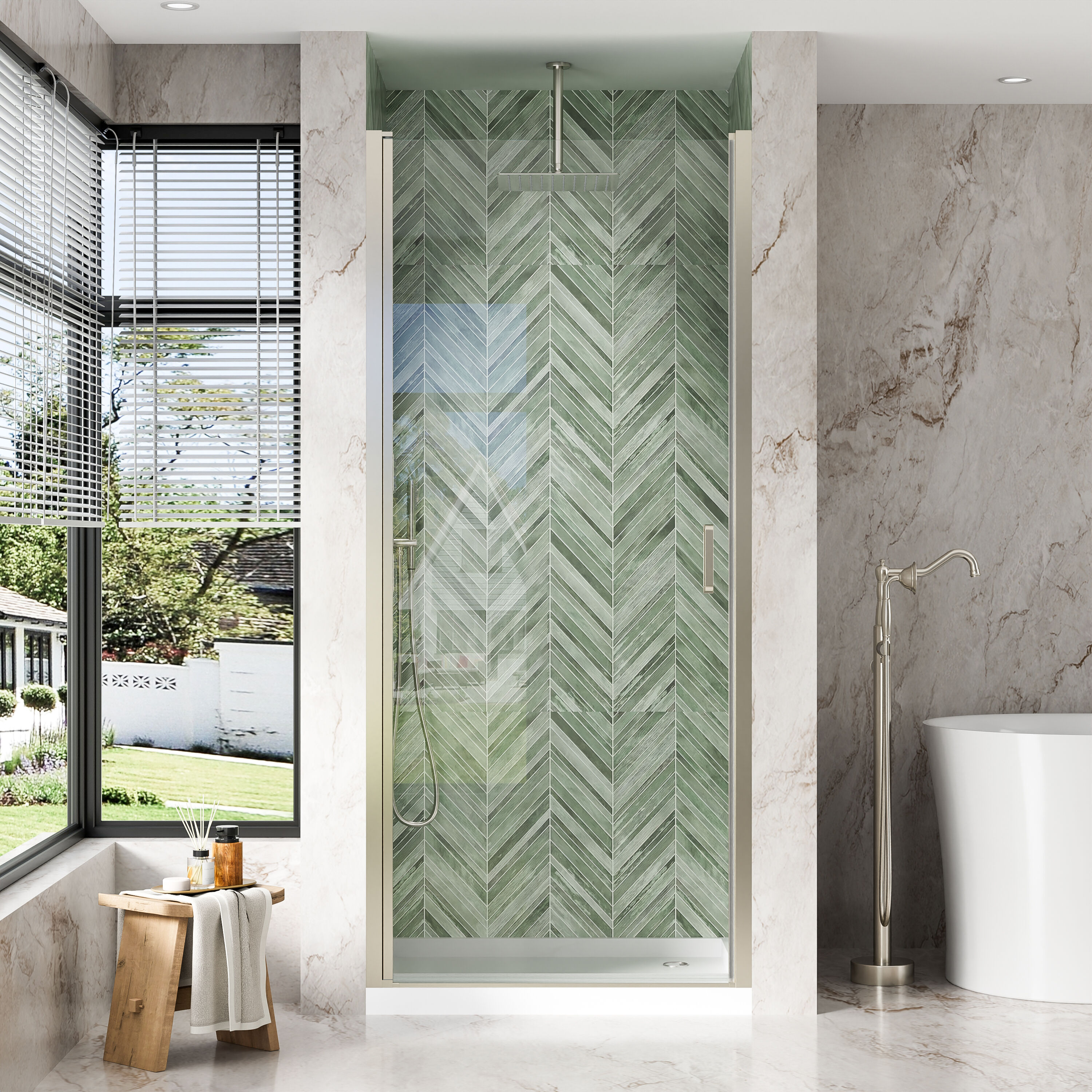 WELLFOR APEX Brushed Nickel 34-9/16-in to 35-9/16-in W x 72-in H Semi-frameless Clear Glass Pivot Shower door