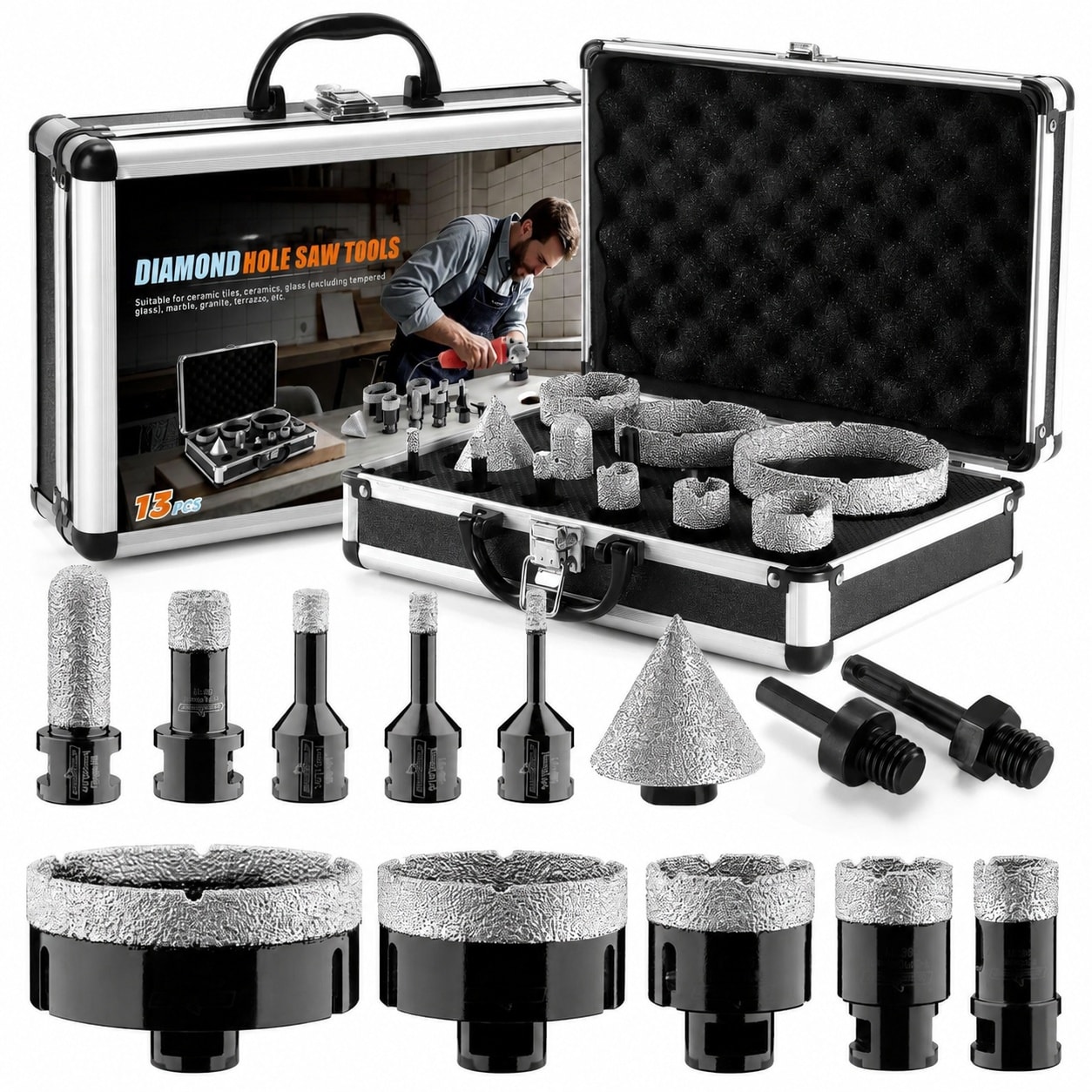 KIWDZFU  13 PCS Diamond Hole Saw Kit Tile Drill Bits Set with SDS Adapter for Ceramic Granite Marble Brick Stone Drilling