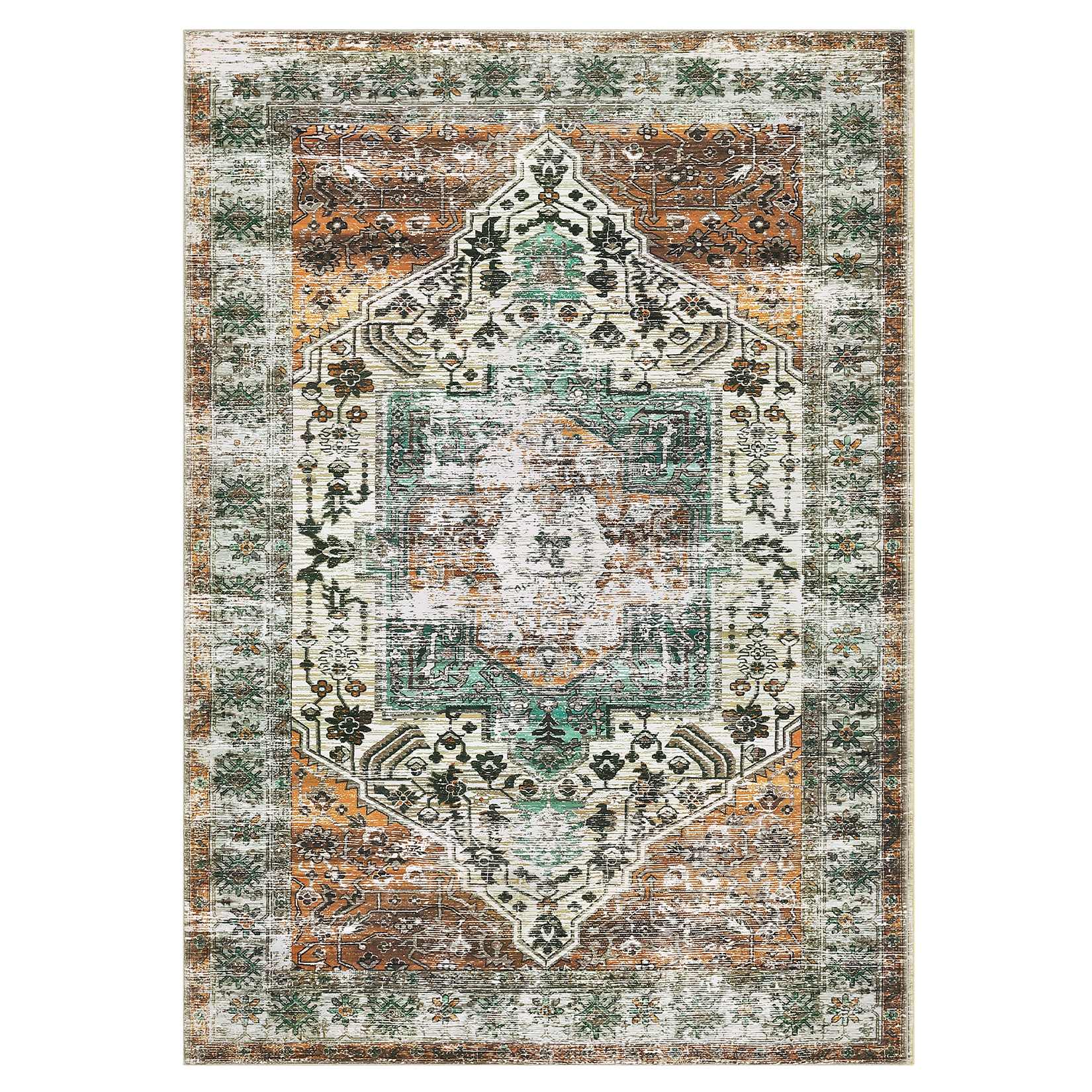 WhizMax SUNNY-PHO-16IITKUR 4 x 6 ft Polyester Rust Rectangular Bedroom Living Room Dining Room Kitchen Distressed Floral Print Vintage Machine Washable Area Rug