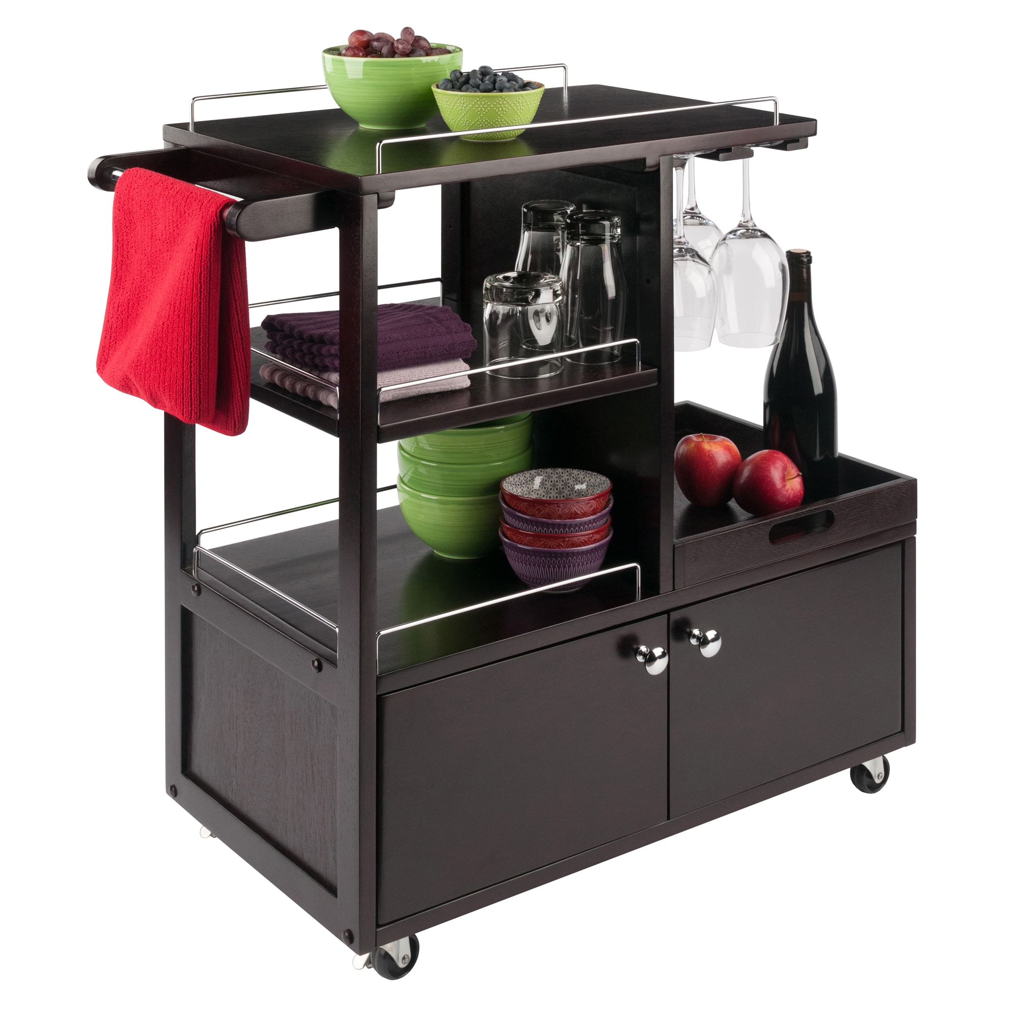 Winsome Espresso Transitional Kitchen Cart with Wine Storage and Serving Tray