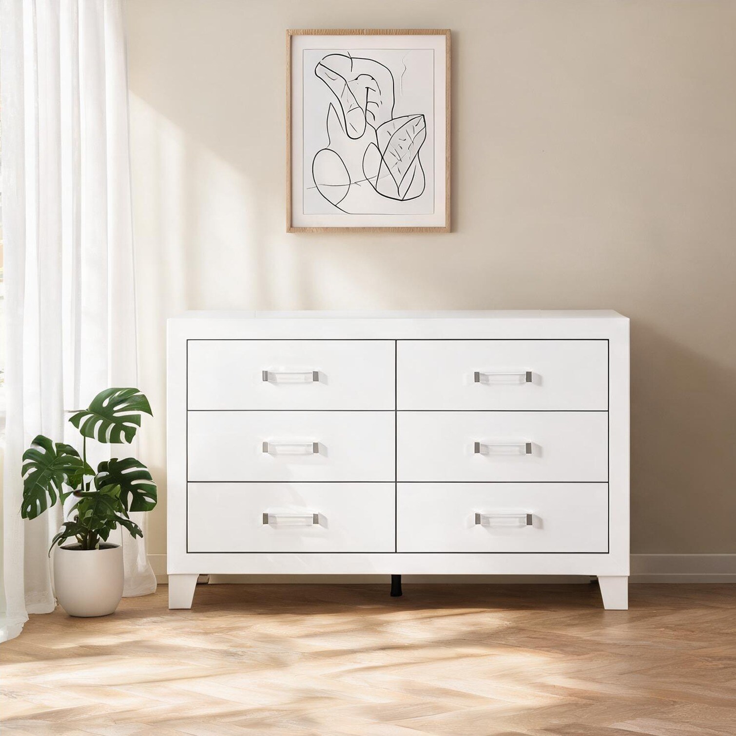 SUNCREAT - Clean White Double Dresser with 6 Drawers and Acrylic Hardware Modern Bedroom Storage