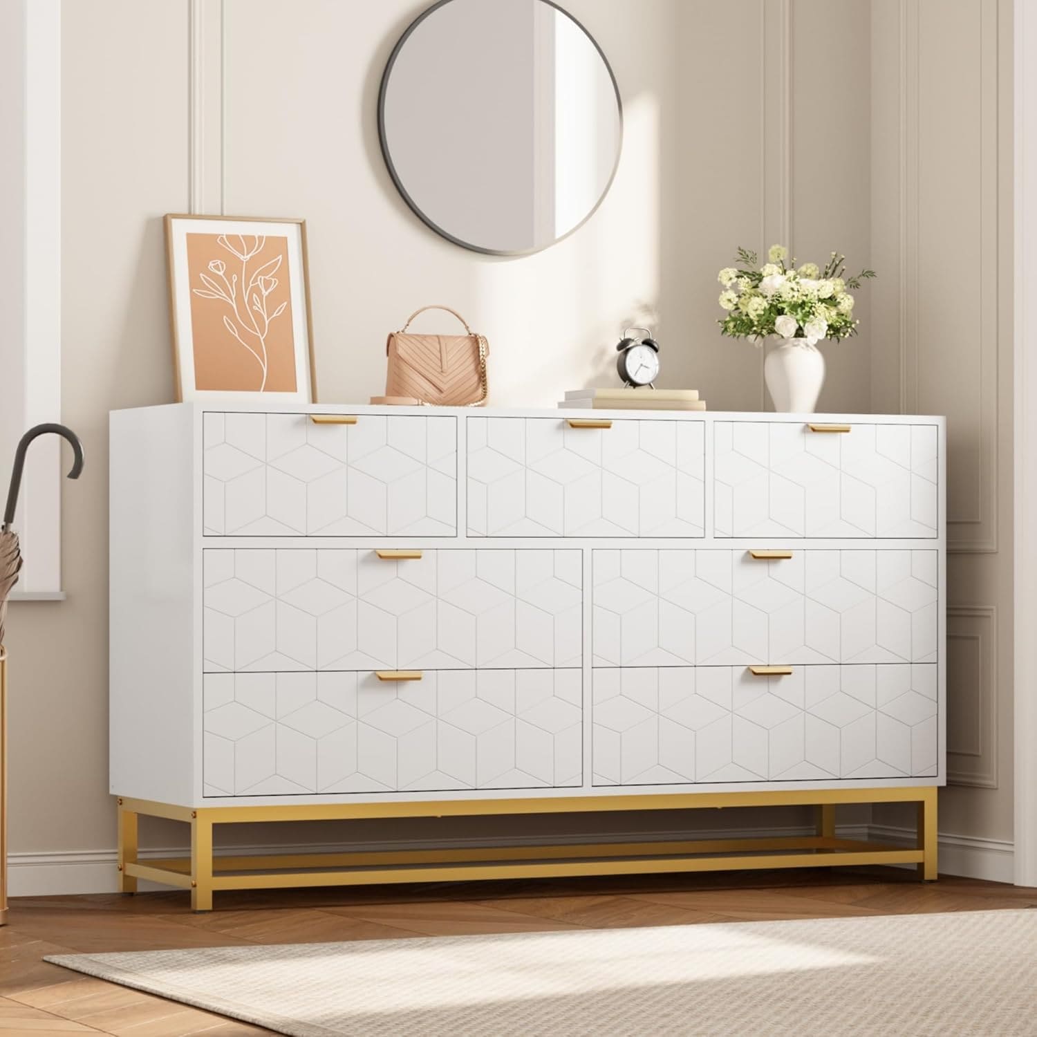 Qeetex YJCJ-PHO-34A94GN6 Modern 7 Drawer Dresser  Wide Chest with Gold Metal Legs and Handles  Wood Storage Organizer for Bedroom  Living Room  Hallway  White