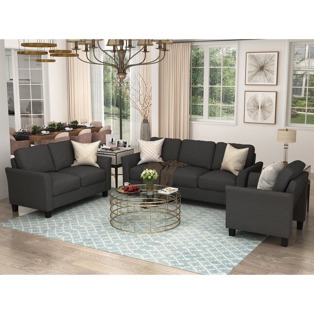 GZMR Polyester-blend 3-Pieces Sofa Set 67.7-in Modern Black Polyester ...