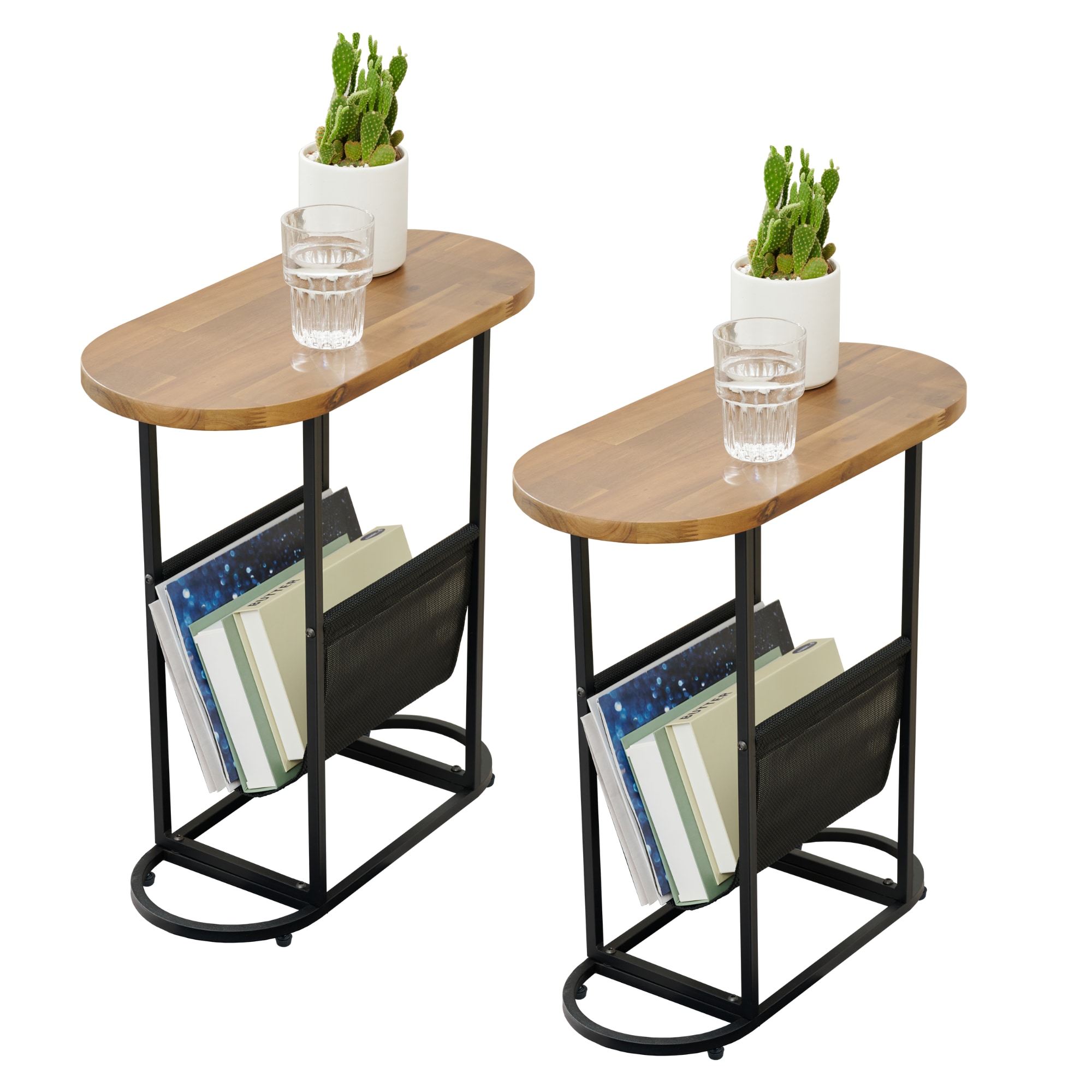GZMR BB1963-WHBL Nightstand With Storage Space (Set of 2) Brown Acacia Nightstand