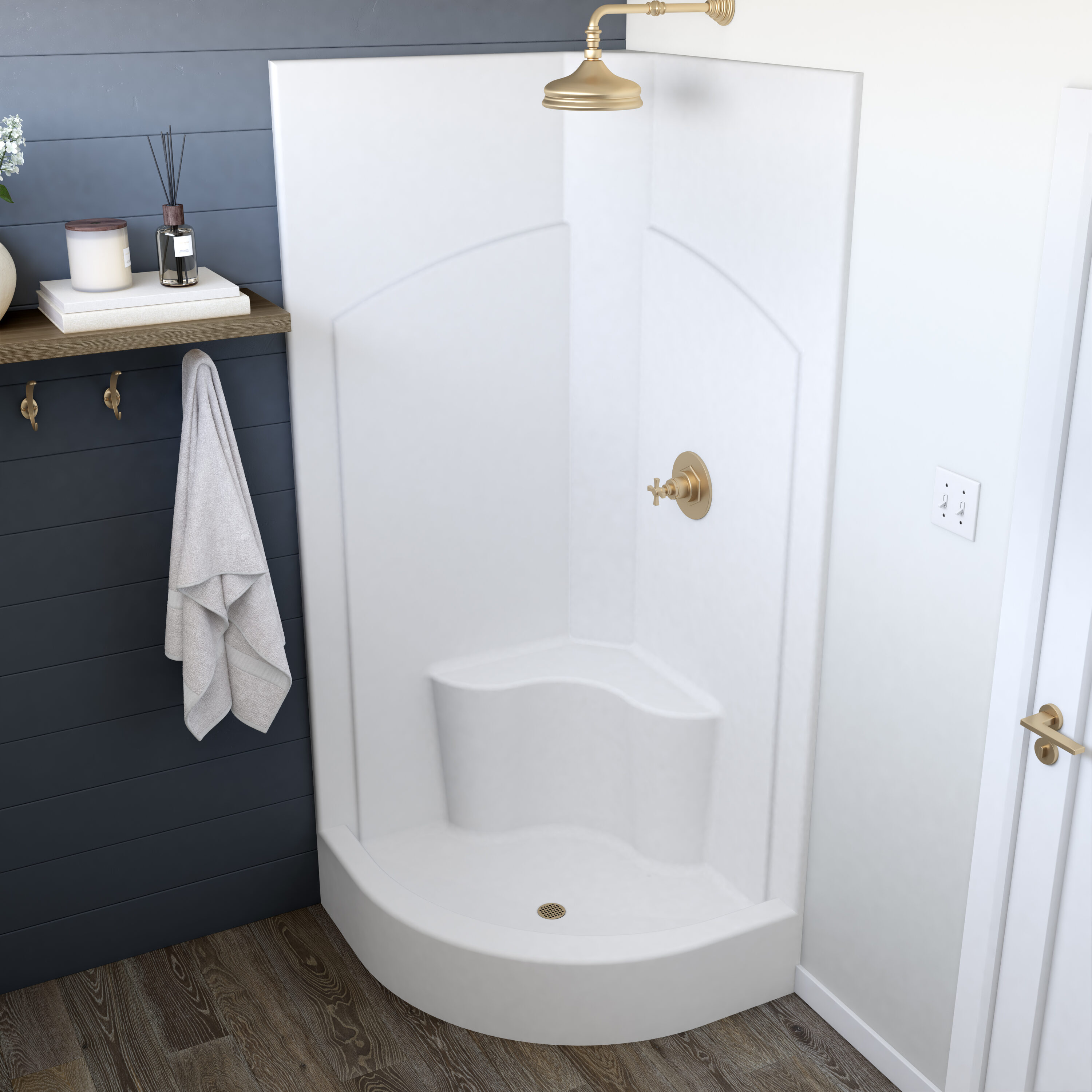 Laurel Mountain LM3434NAWHT Klamath Tiny House 36-in W x 36-in L x 83-in H Neo-angle Corner shower kit ( Center Drain) with Integrated Seat Base and Wall Included