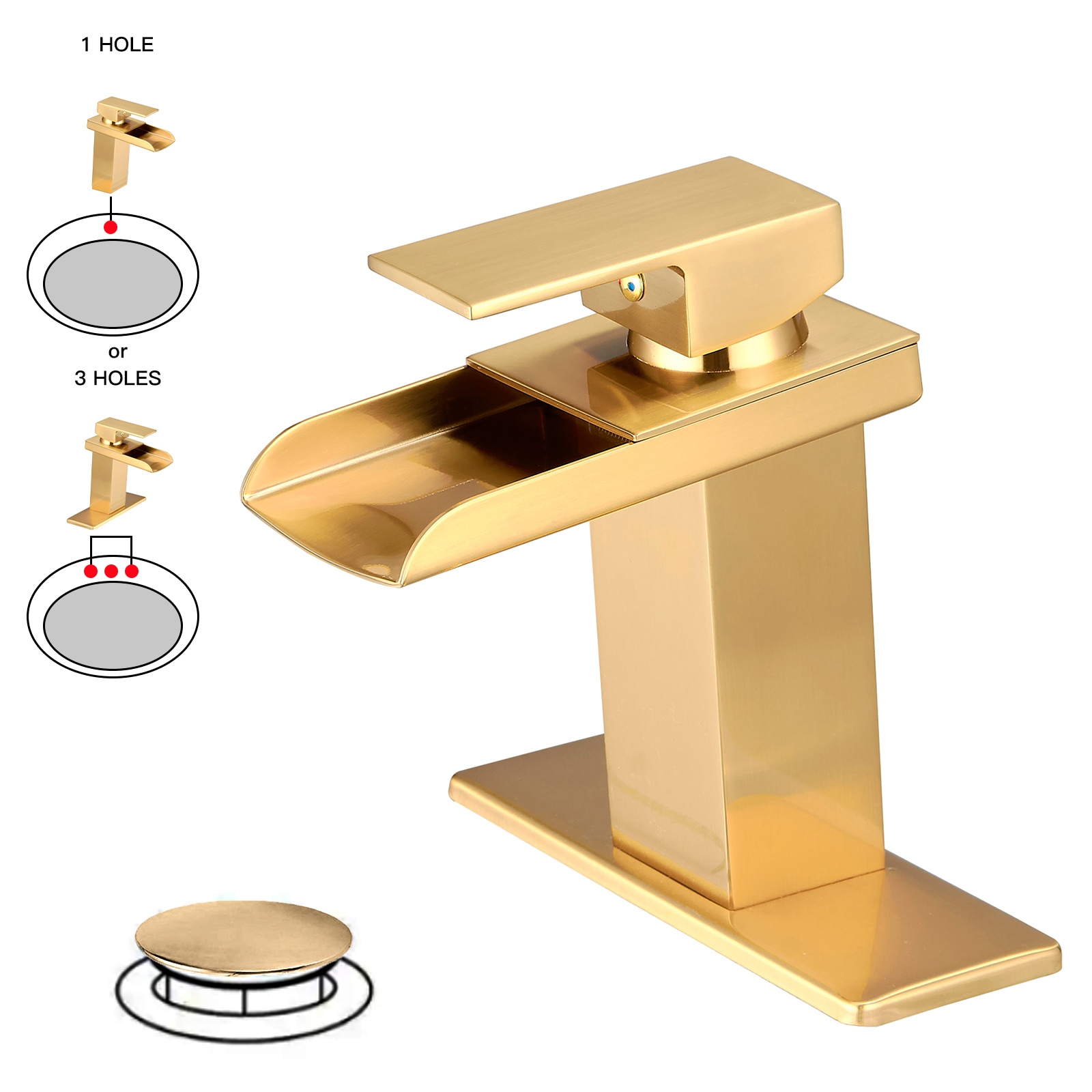 BWE QuadraScape Brushed Gold Single hole 1-handle Waterfall Bathroom Sink Faucet with Drain with Deck Plate