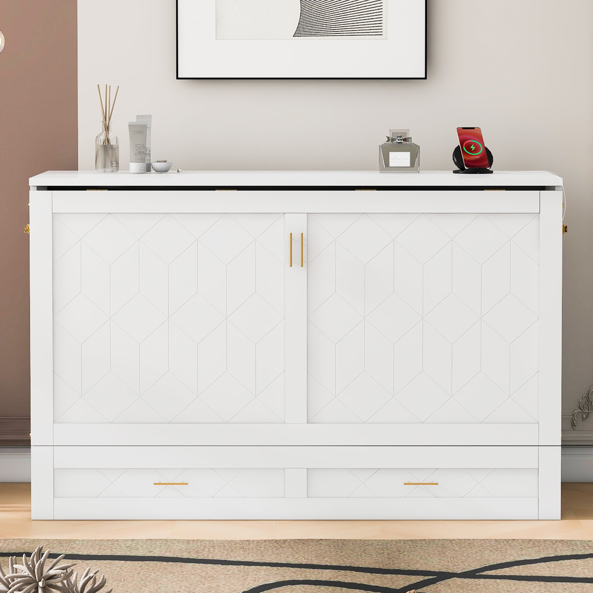 ModernLuxe LP000400AAK Queen Size Murphy Bed Wall Bed with drawer and a set of Sockets  USB Ports Pulley Structure Design White