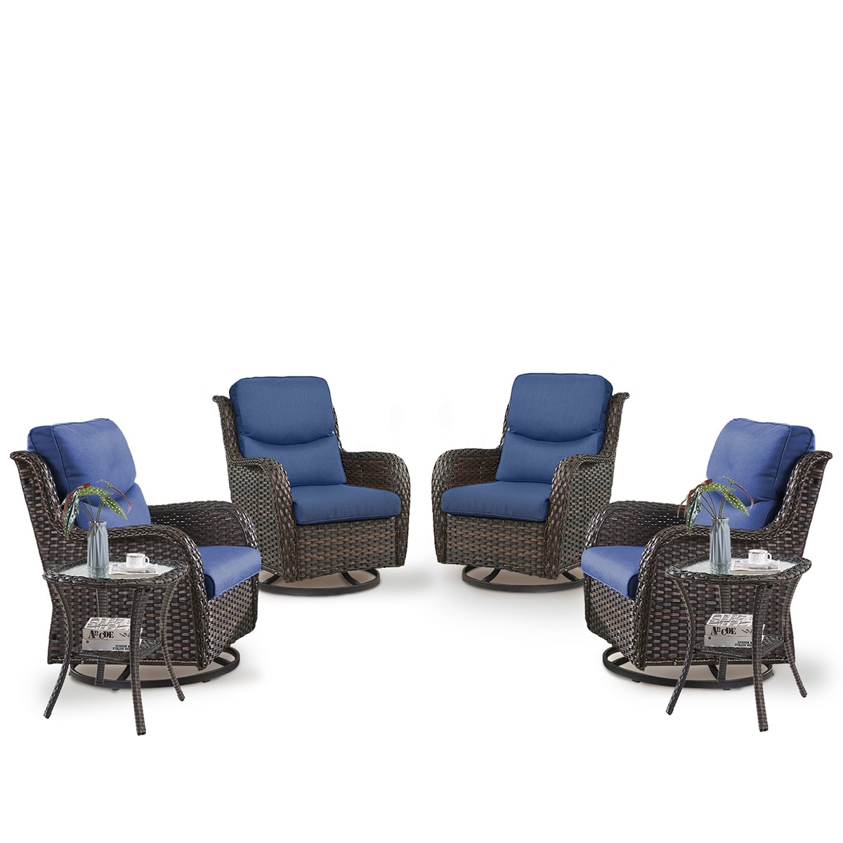 Rilyson FS035XLX2-1 Smiley Set of 4 Wicker Brown Wicker Frame Swivel glider Conversation Chair with Brown Blue Cushioned Seat