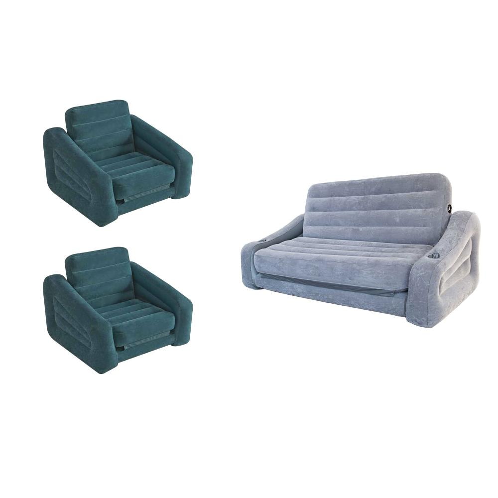 2 Pack Intex Inflatable Pull-Out Sofa Queen Air Mattress & Chair Bed Sleeper 