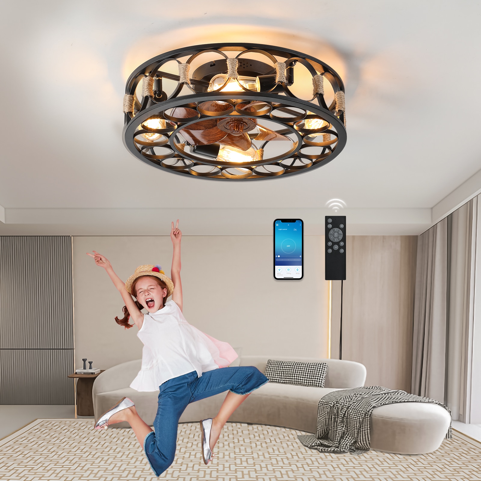 WELLFOR AMYUA-09 20-in Integrated LED Flush Mount Black with Fandelier Ceiling Fan With Light - Remote Included ( 7 -Blade )