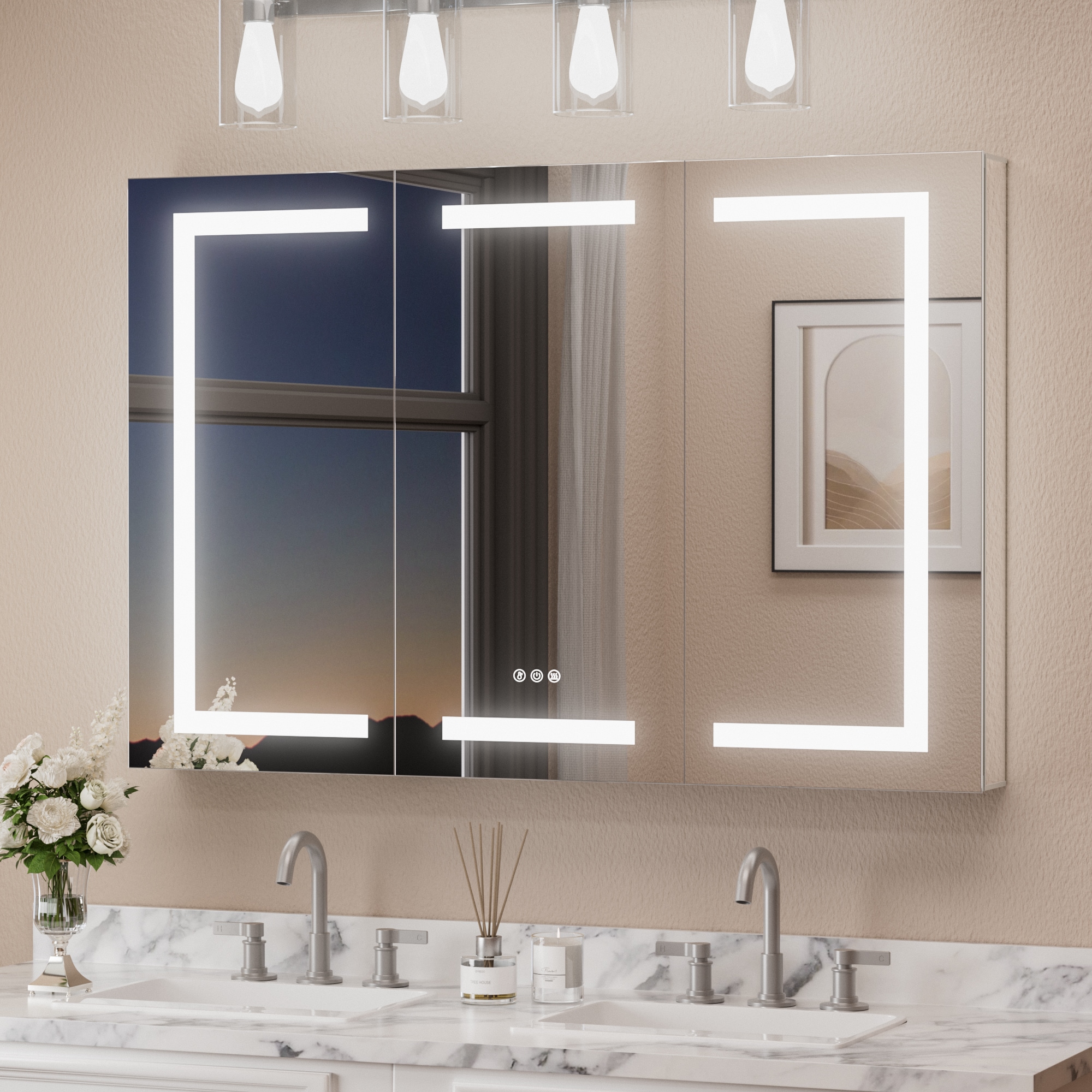 Keonjinn LW-JG-ZG-12181 48-in x 32-in Lighted LED Fog Free Surface/Recessed Mount Silver Mirrored Rectangle Soft Close Medicine Cabinet with Outlet