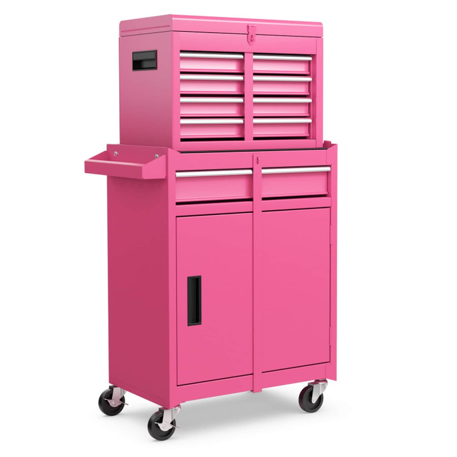 SUGIFT 40.5-in 2-in-1 Rolling Tool Chest and Cabinet with 5 Sliding Lockable Drawers Steel Construction 220.5-lb Total Capacity Detachable Two-Box Design 4 Swivel Casters with 2 Brakes EVA Drawer Liners and Side Hooks for Garage Workshop in Pink