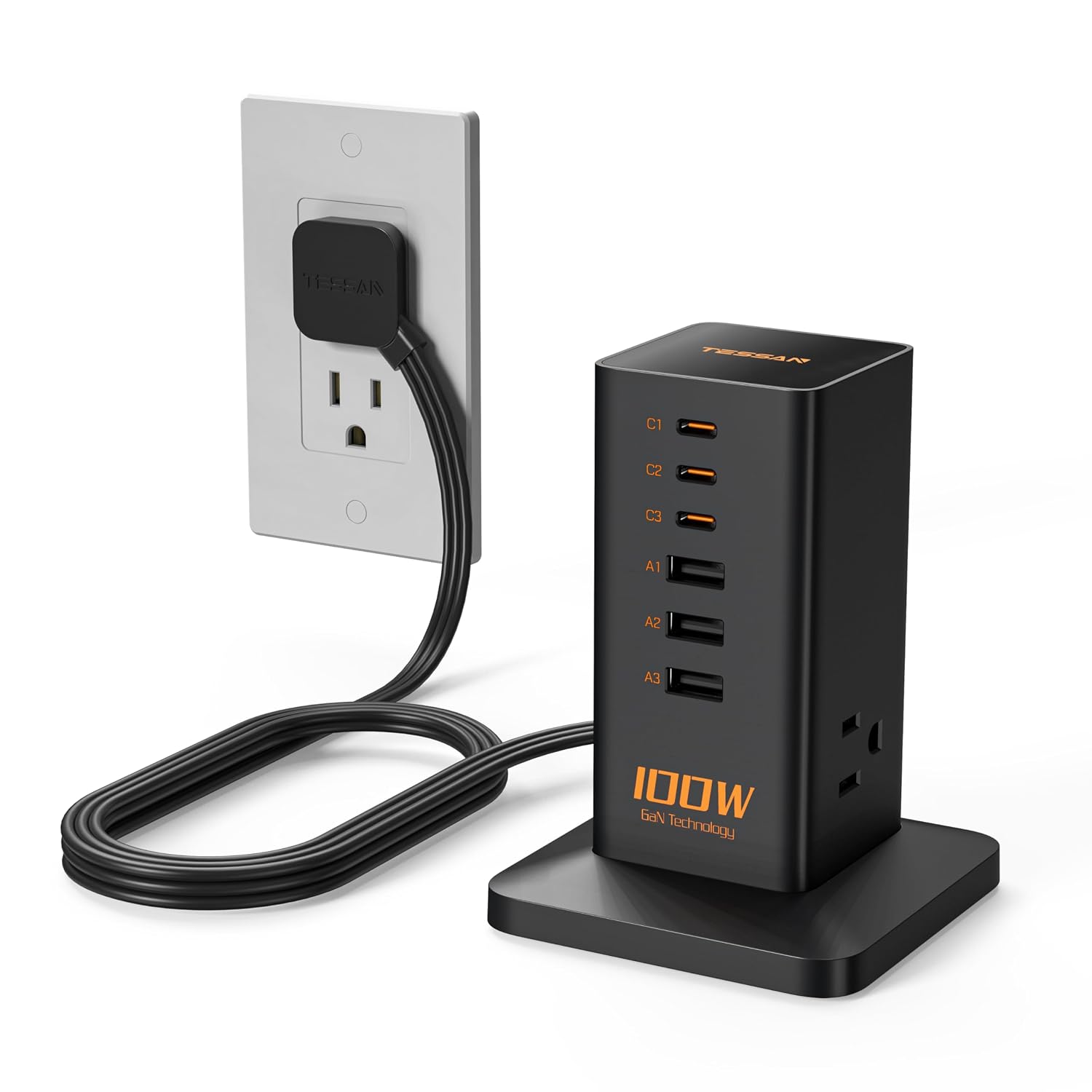 LENCENT 100W GaN USB Charging Station 9-in-1 with 3 AC Outlets 3 USB-C Ports and 3 USB-A Ports for Phones Tablets and Laptops Black