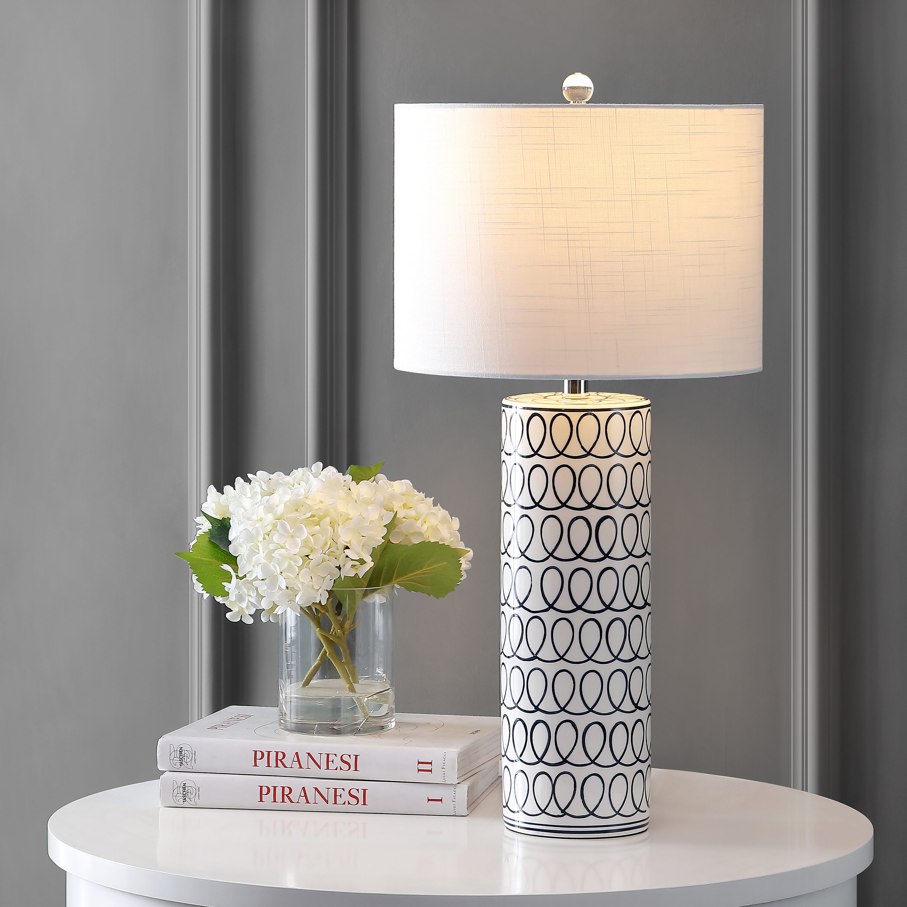 JONATHAN  Y JYL6614A Loop Ceramic Column Coastal 28.75-in White/Blue LED Incandescent On/Off switch Table Lamp with Linen Shade