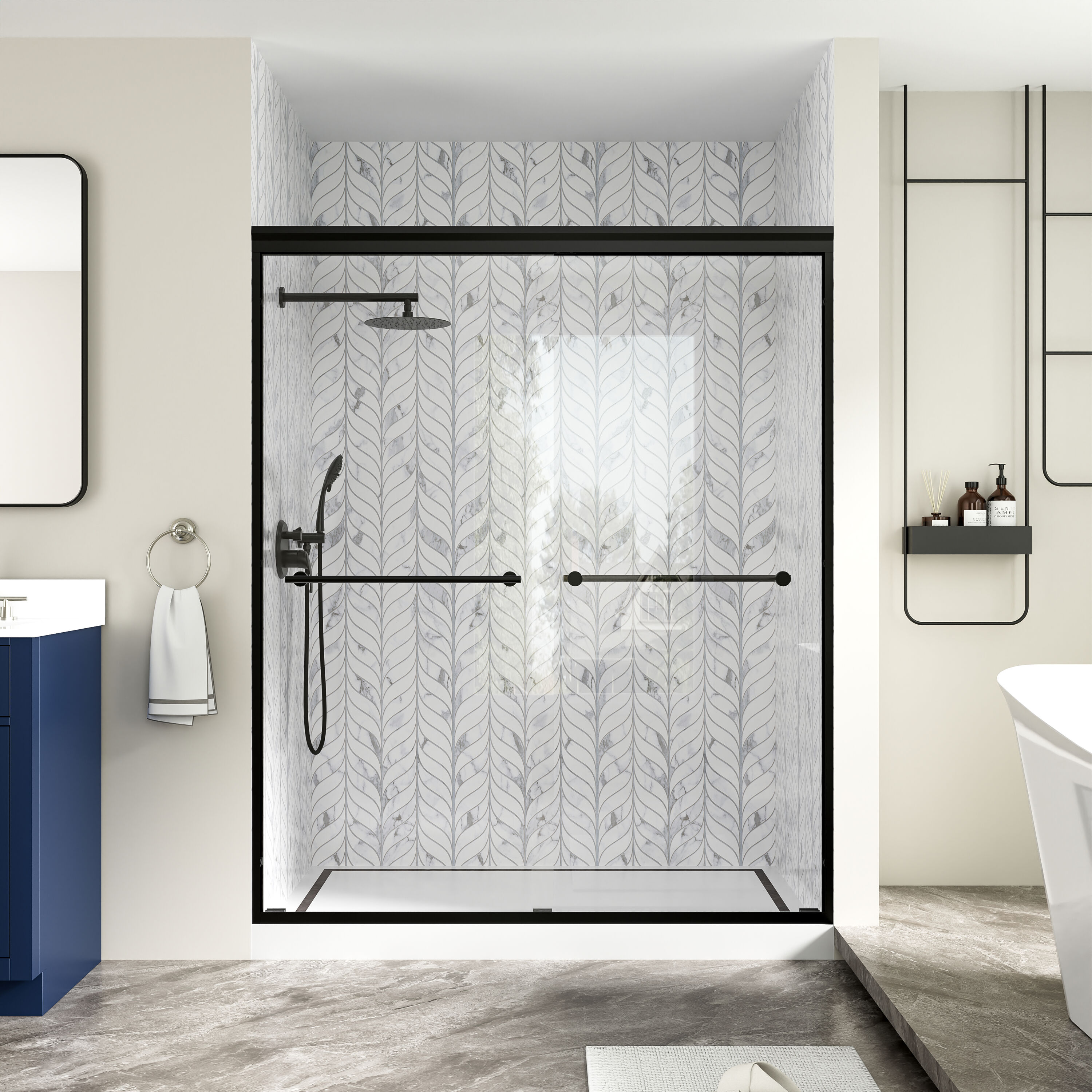 Forclover GLIC Track Sliding Door Matte Black 44-in to 48-in W x 72-in H Framed Clear Glass Sliding Soft Close Shower door
