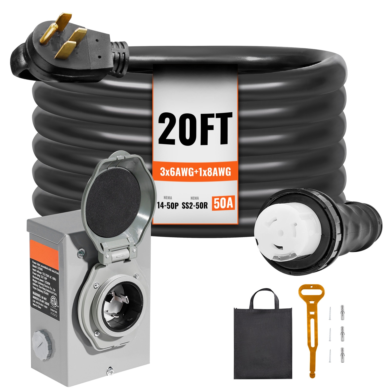 VEVOR SCYZXYSRHTZ503888V1 50 Amp Generator Cord and Power Inlet Box Kit  20FT  NEMA 14-50P/SS2-50R STW 6/3+8/1 AWG Generator Power Cord with Twist Lock Connector  Pre-Drilled Inlet Box for Generator to House  ETL Listed