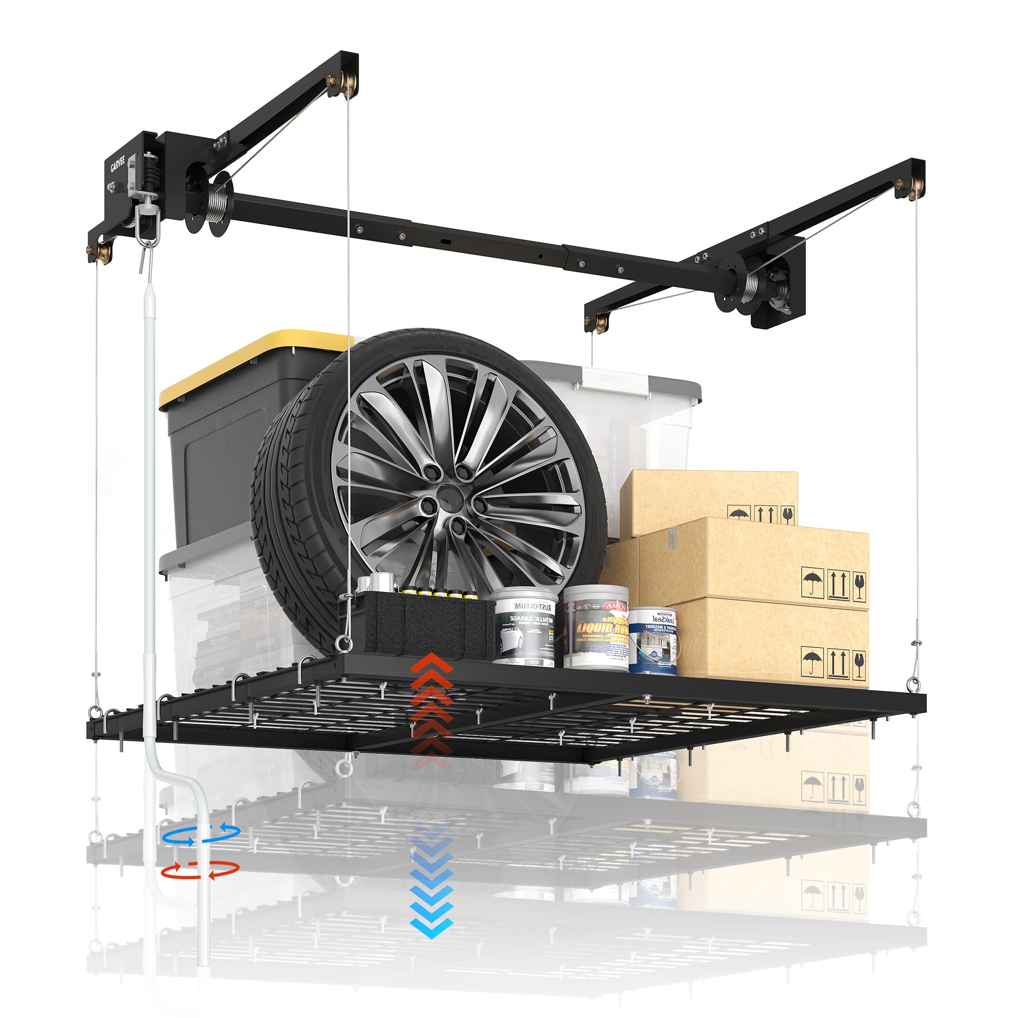 Garvee - Heavy Duty Overhead Garage Storage Rack Lift - 4x4 ft 350 lbs Capacity Hand Crank Adjust...