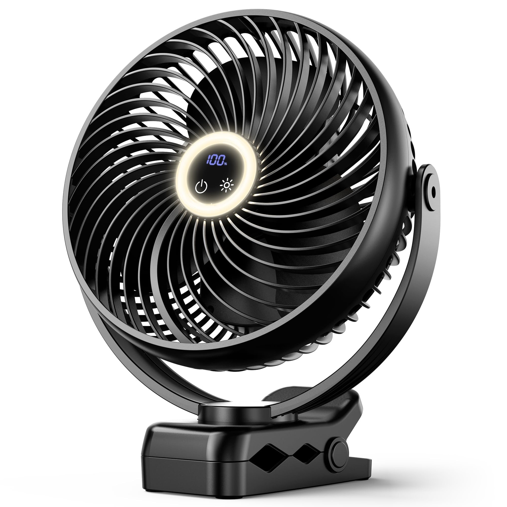 Oyezvary  Portable Clip on Fan with LED Lantern and Hook 8 Inch Quiet Desk Fan with Digital Display 3 Speeds 360 Degree Rotation for Camping