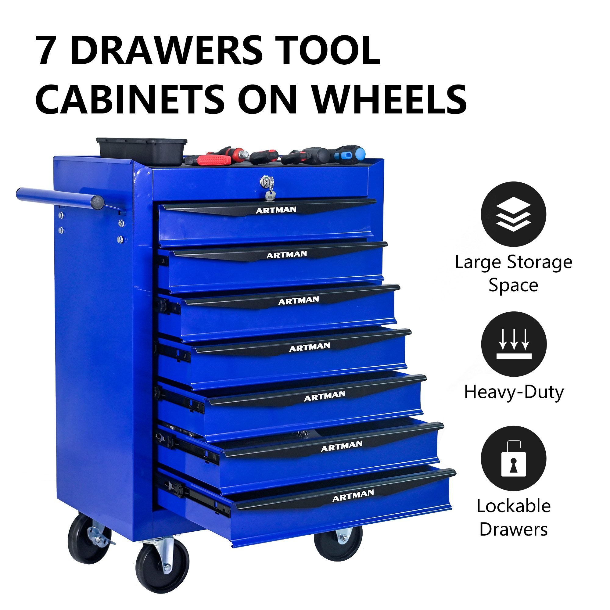 LUXEYARD Rolling Metal Tool Chest with 7 Drawers 20 inch 7-Drawer Tool Chest Cabinet with Ball Bearing Drawer Slides Steel Tool Storage Box Organizer -BLACKandBLUE Sansujyuku sansujyuku.com