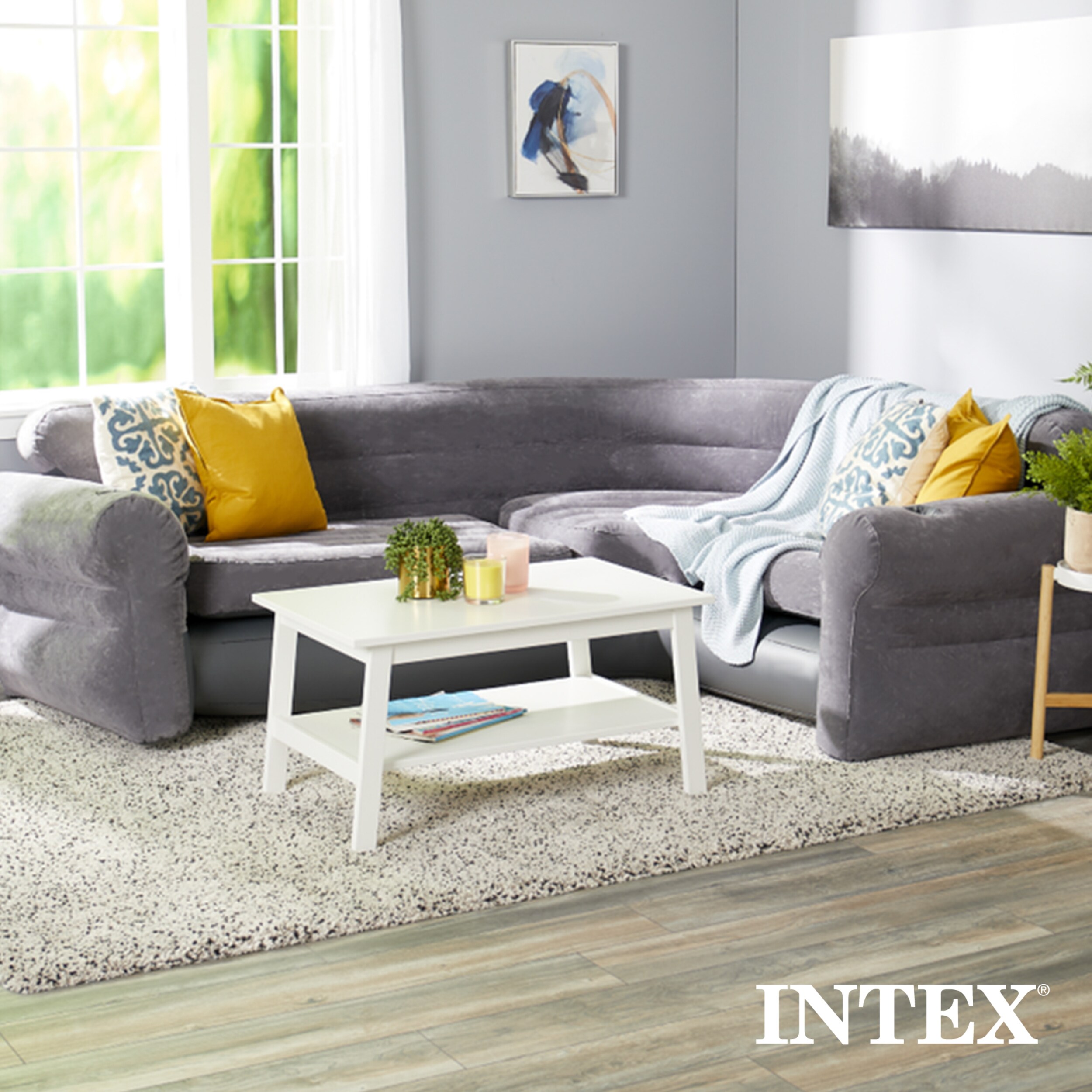 Intex Gray Inflatable Sectional Sofa with Cupholders, Waterproof, Indoor Use, 80-in x 101-in x 30-in, 880 lbs. Weight Capacity