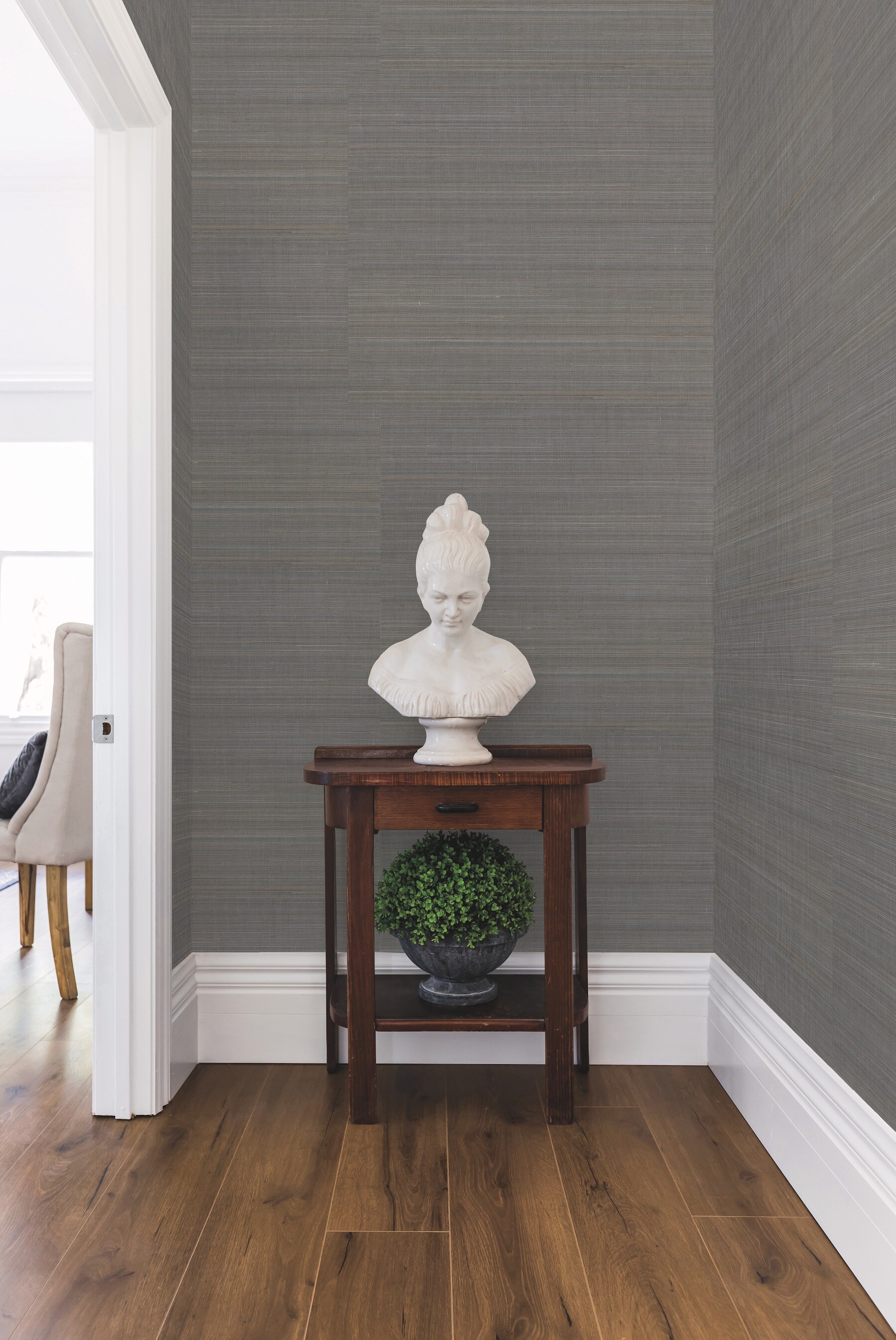 Platinum Gray Grasscloth Wallpaper with Wainscoting  Transitional   Entrancefoyer  Grey grasscloth wallpaper Dining room wallpaper Grey  dining room