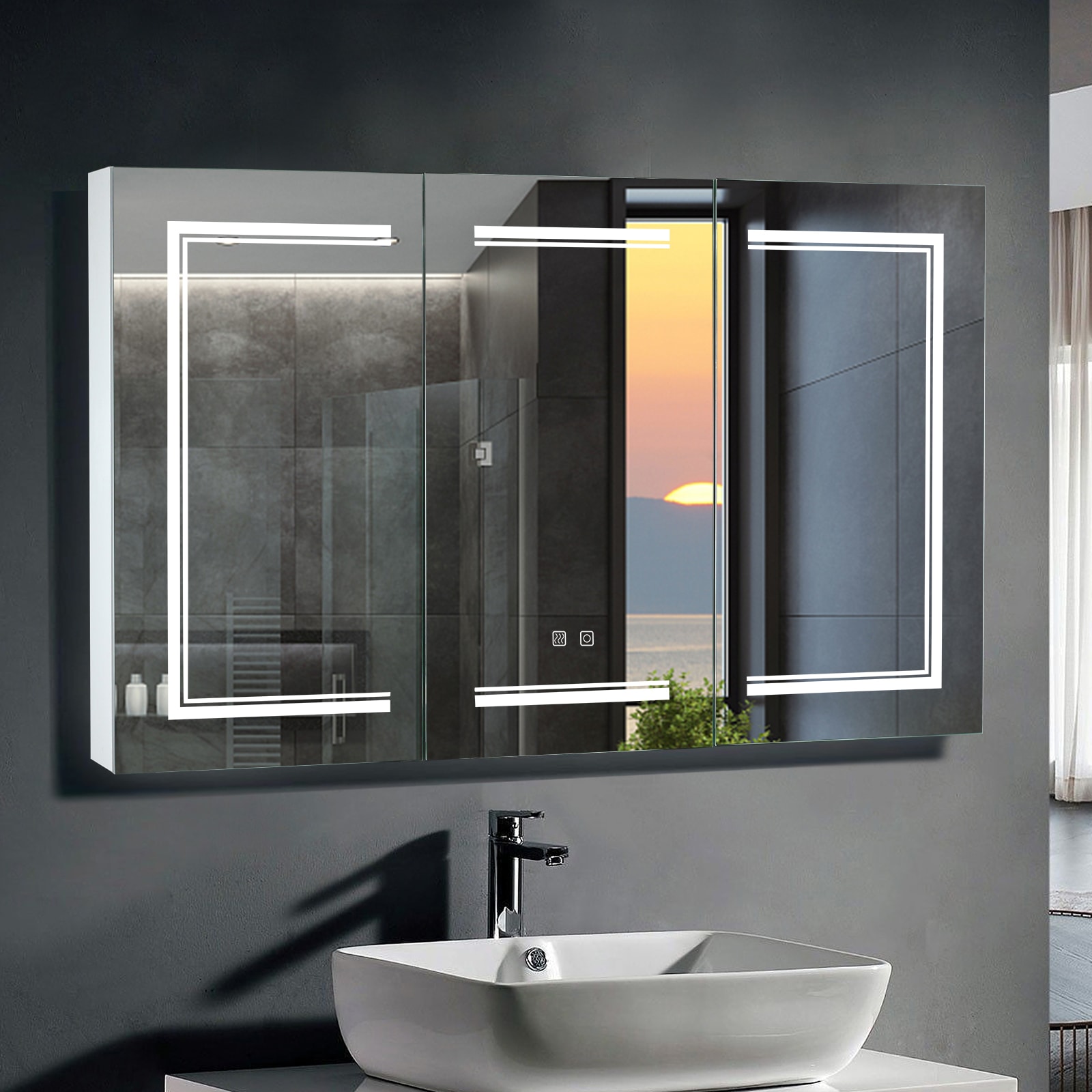 Winado LO1G52001656 48-in x 28-in Lighted LED Fog Free Surface/Recessed Mount White Mirrored Rectangle Medicine Cabinet with Outlet