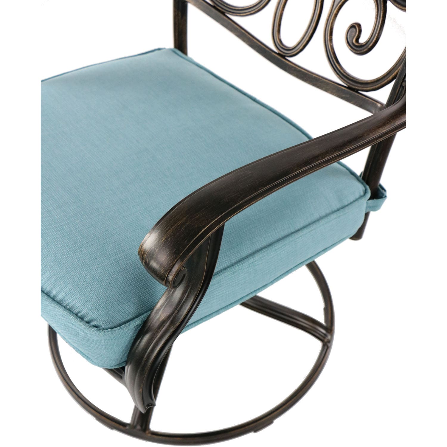 Bronze Cast Aluminum Round Outdoor Dining Set with Blue Cushions