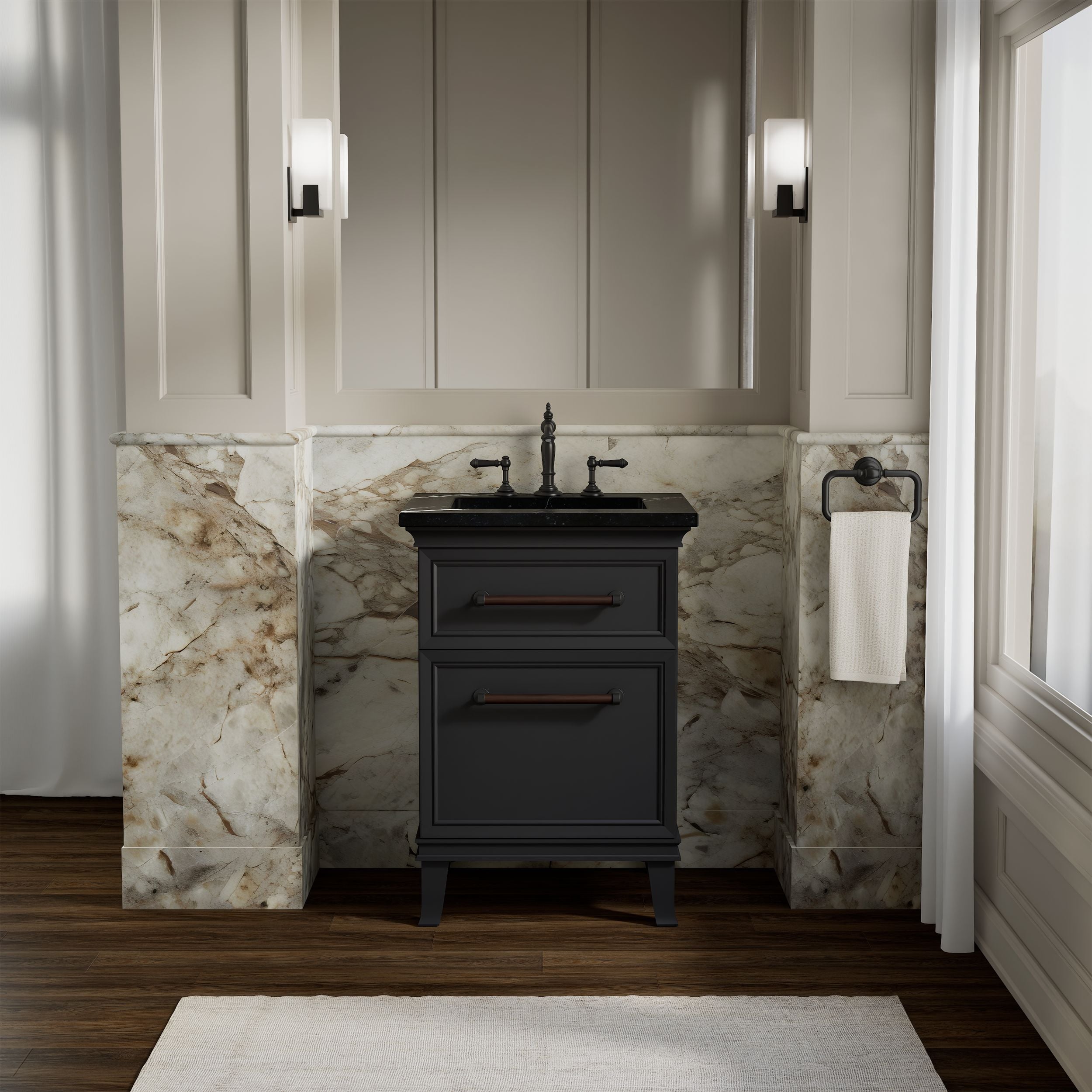 KOHLER Artifacts 24-in Slate Grey with Eternal Marquina Top with Black Hardware Undermount Single Sink Bathroom Vanity with Black Quartz Top