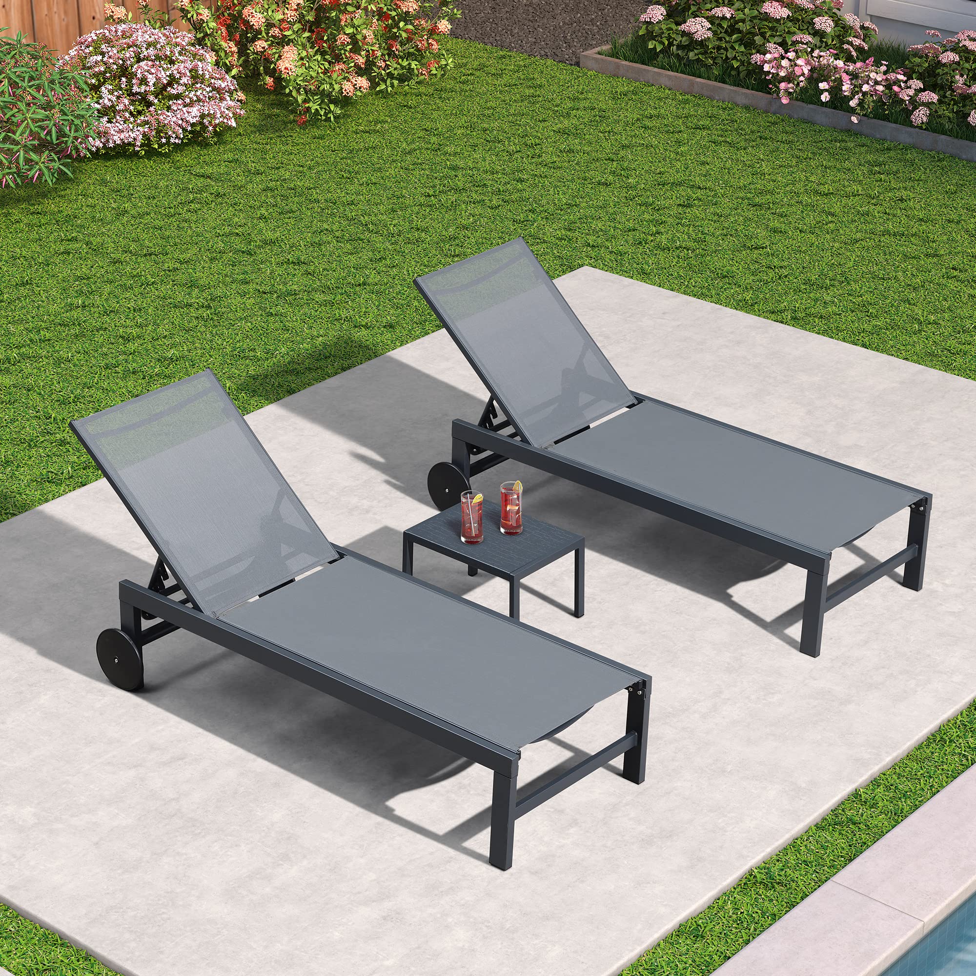 PURPLE LEAF LS04-CLS03-ZJ-GY Outdoor Adjustable Lounger with Wheels Set of 2 Standard Aluminum Frame Stationary Chaise Lounge Chair with Gray Cushioned Seat